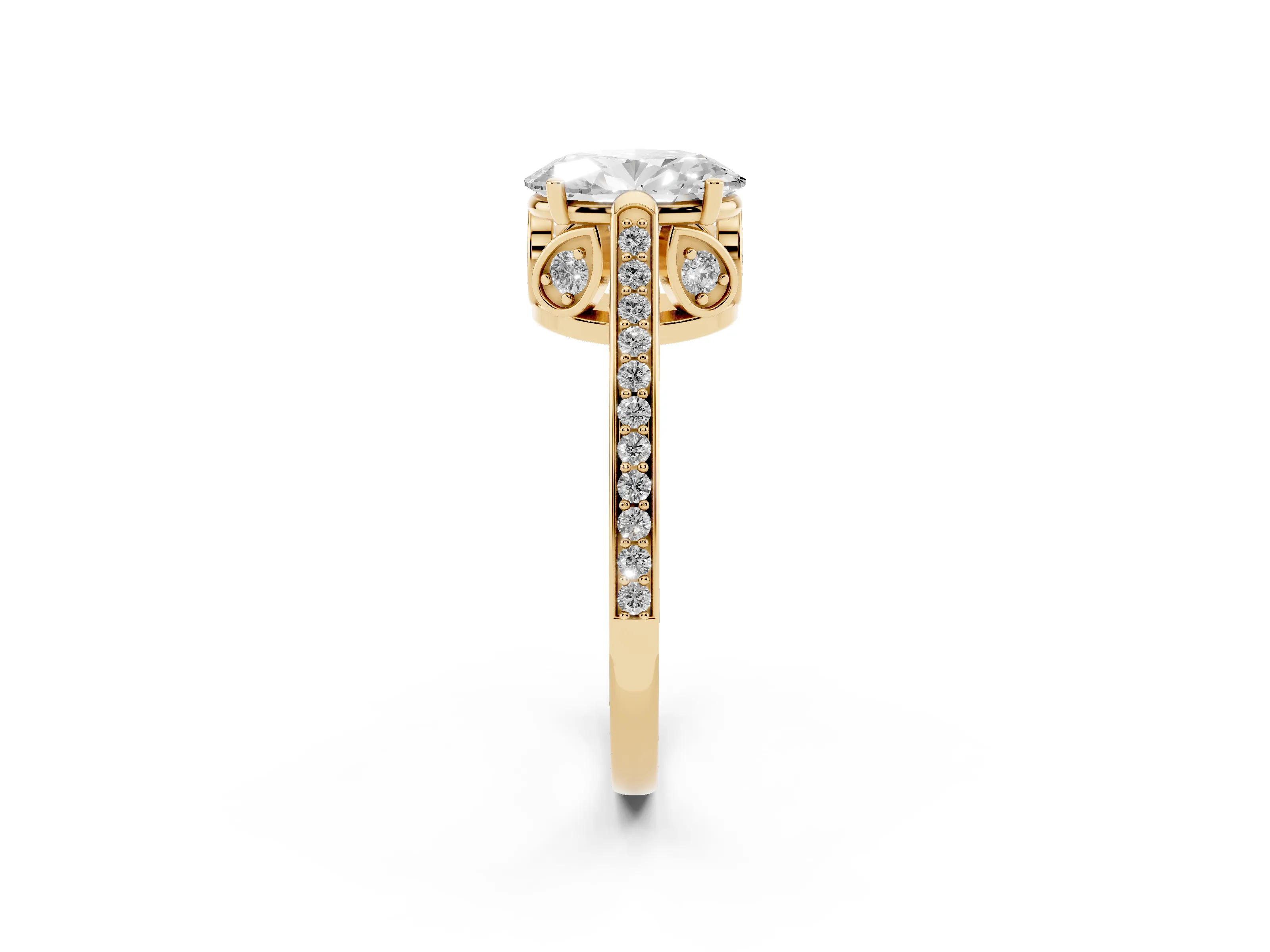 Oval Cut Diamond Cathedral Pavé Engagement Ring Set in Yellow gold with Prong Setting