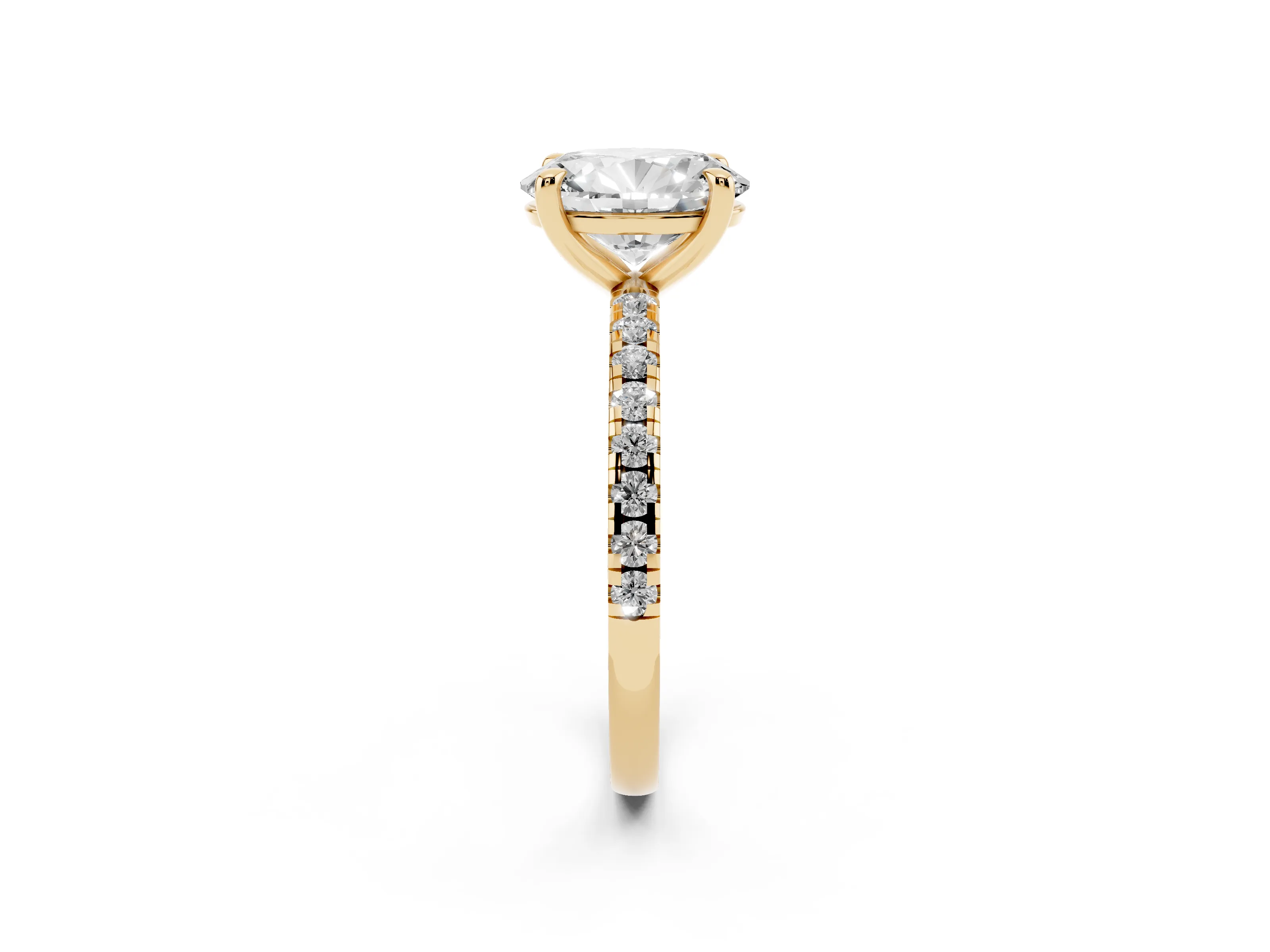 Oval Cut Diamond Brilliant Solitaire Ring Set in Yellow gold with Pavé Band and Prong Setting