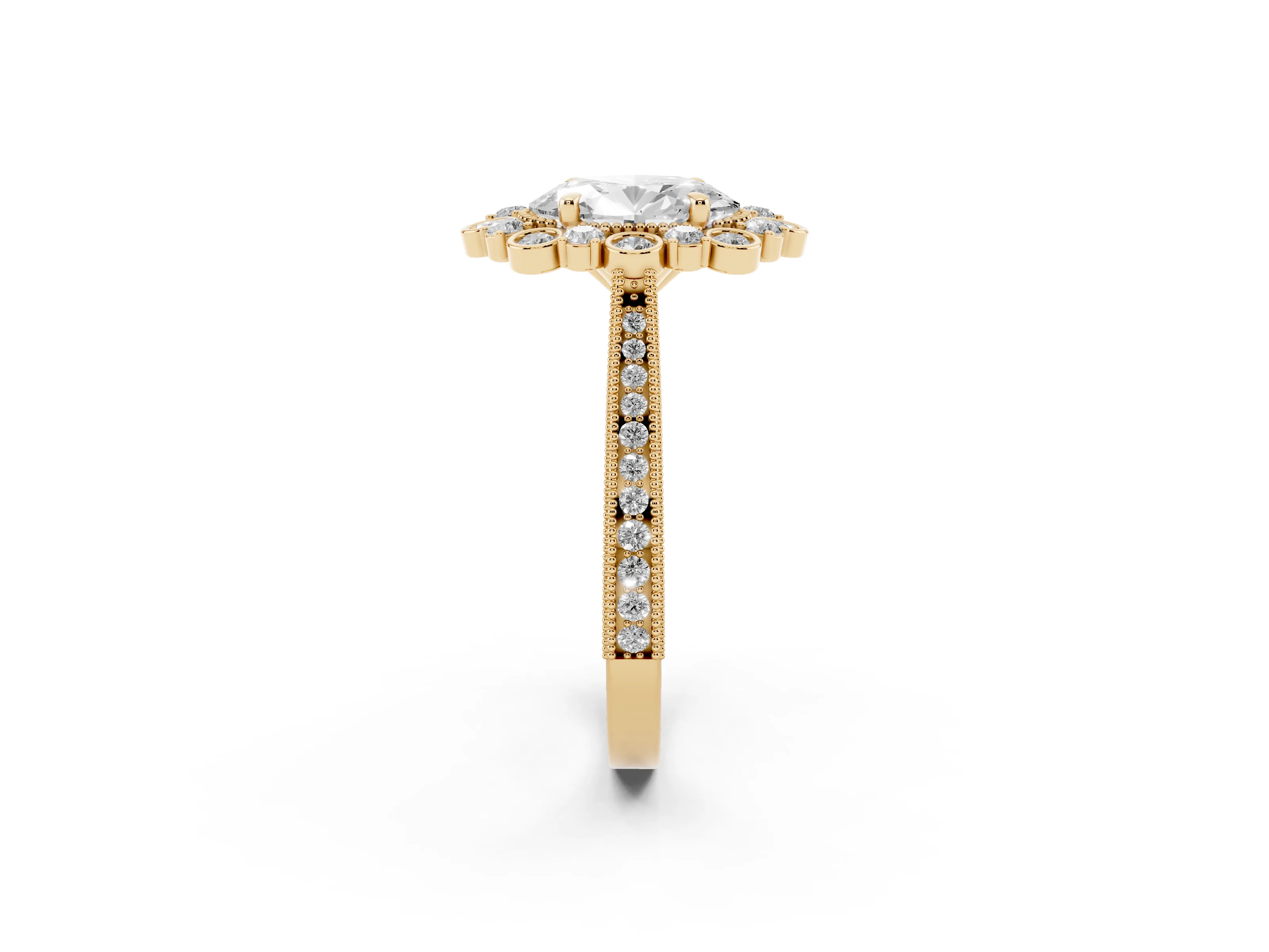 Oval Cut Diamond Halo Milgrain Pavé Ring Set in Yellow gold with Prong Setting