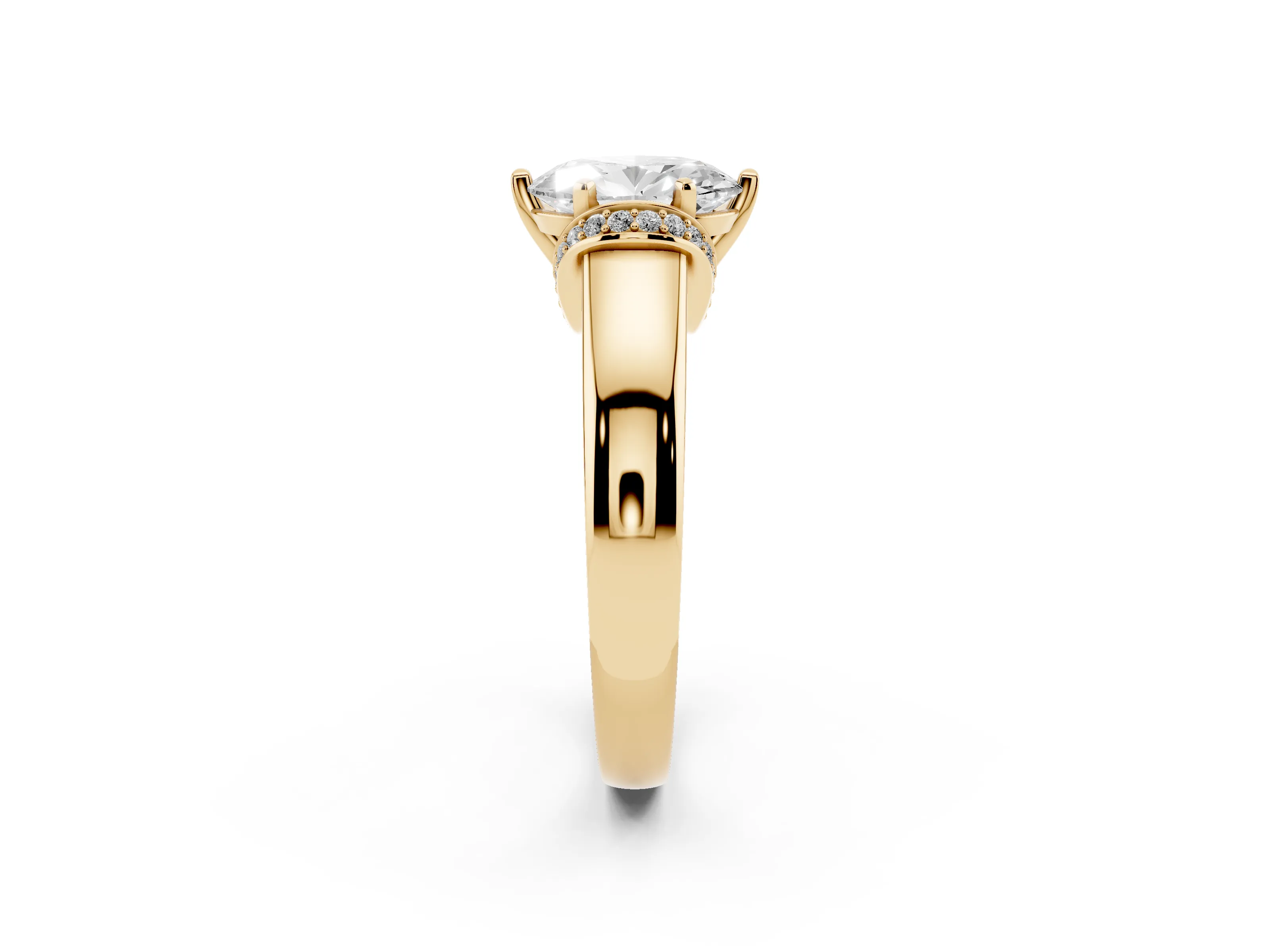 Oval Cut Diamond Pavé Band Solitaire Ring Set in Yellow gold with Prong Setting