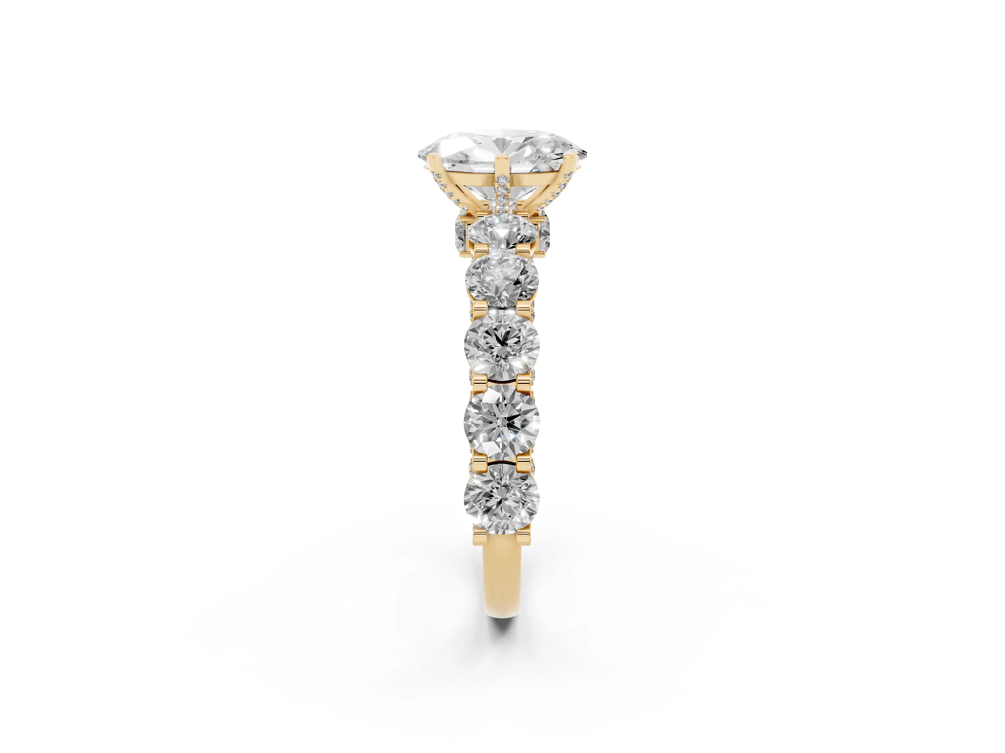 Oval Cut Diamond Side Stone Ring Set in Yellow gold with Alternating Round and Oval Side Stones