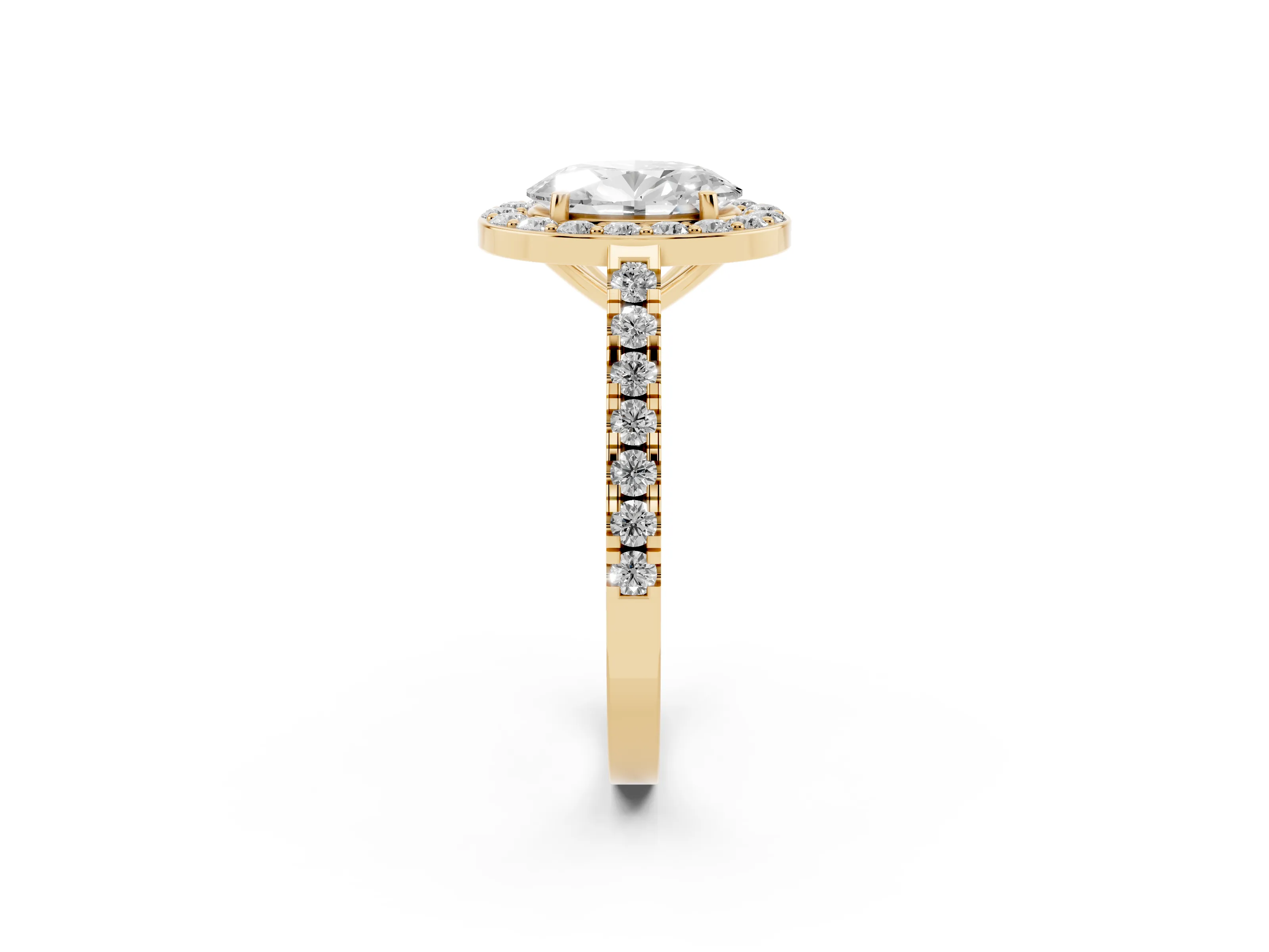 Oval Cut Diamond Halo Ring Set in Yellow gold with Round Pavé Split Shank and Prong Setting