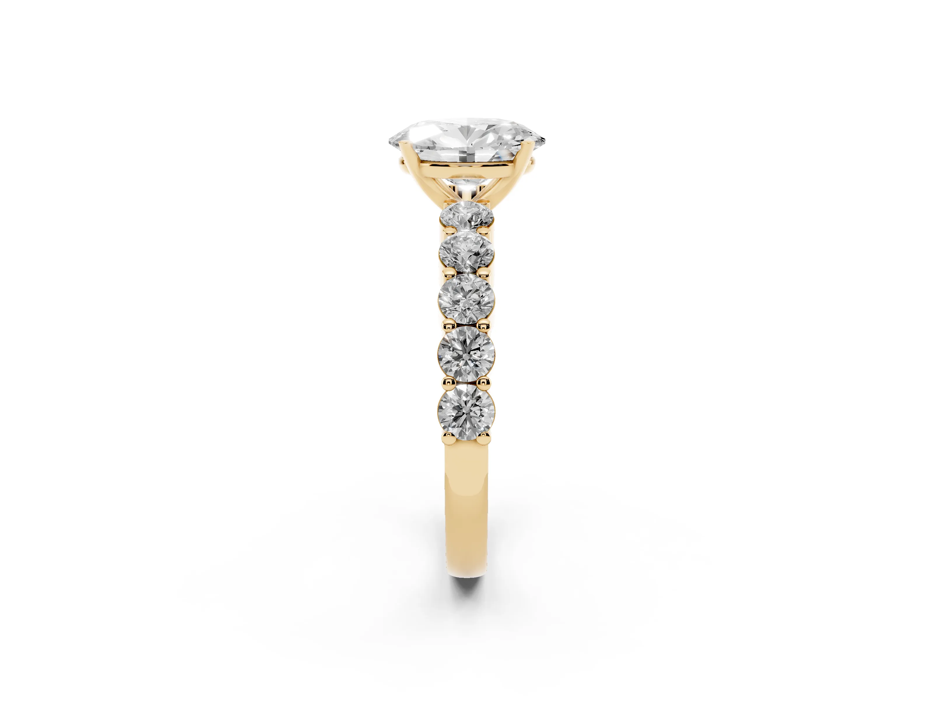 Oval Cut Diamond Solitaire Ring Set in Yellow gold with Shared Prong Round Side Stones