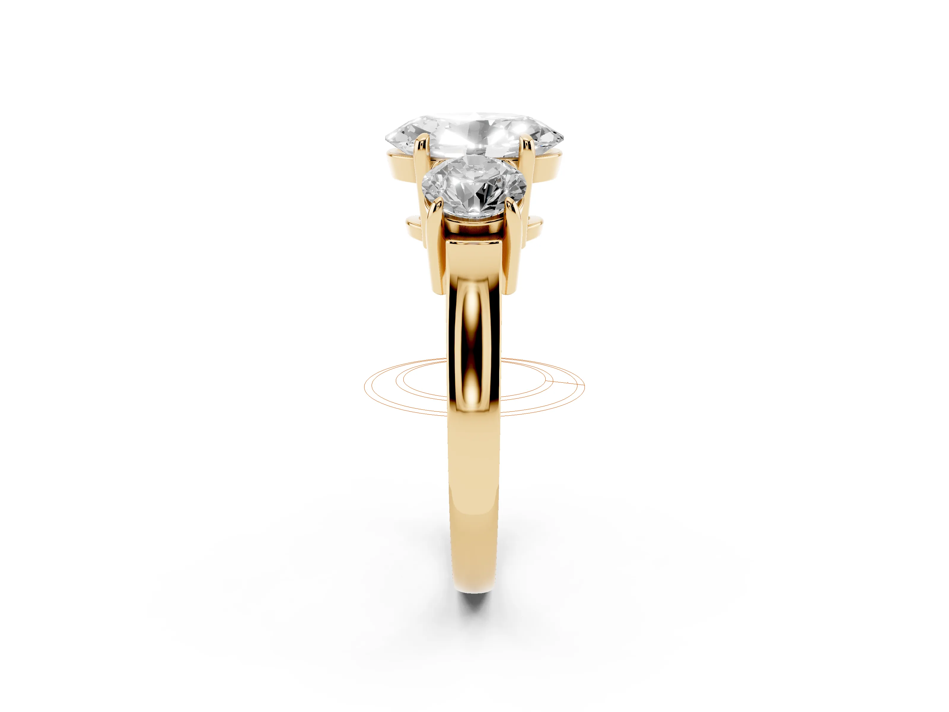 Oval Cut Diamond Three-Stone Ring Set in Yellow gold with Round Accent Stones and Plain Band