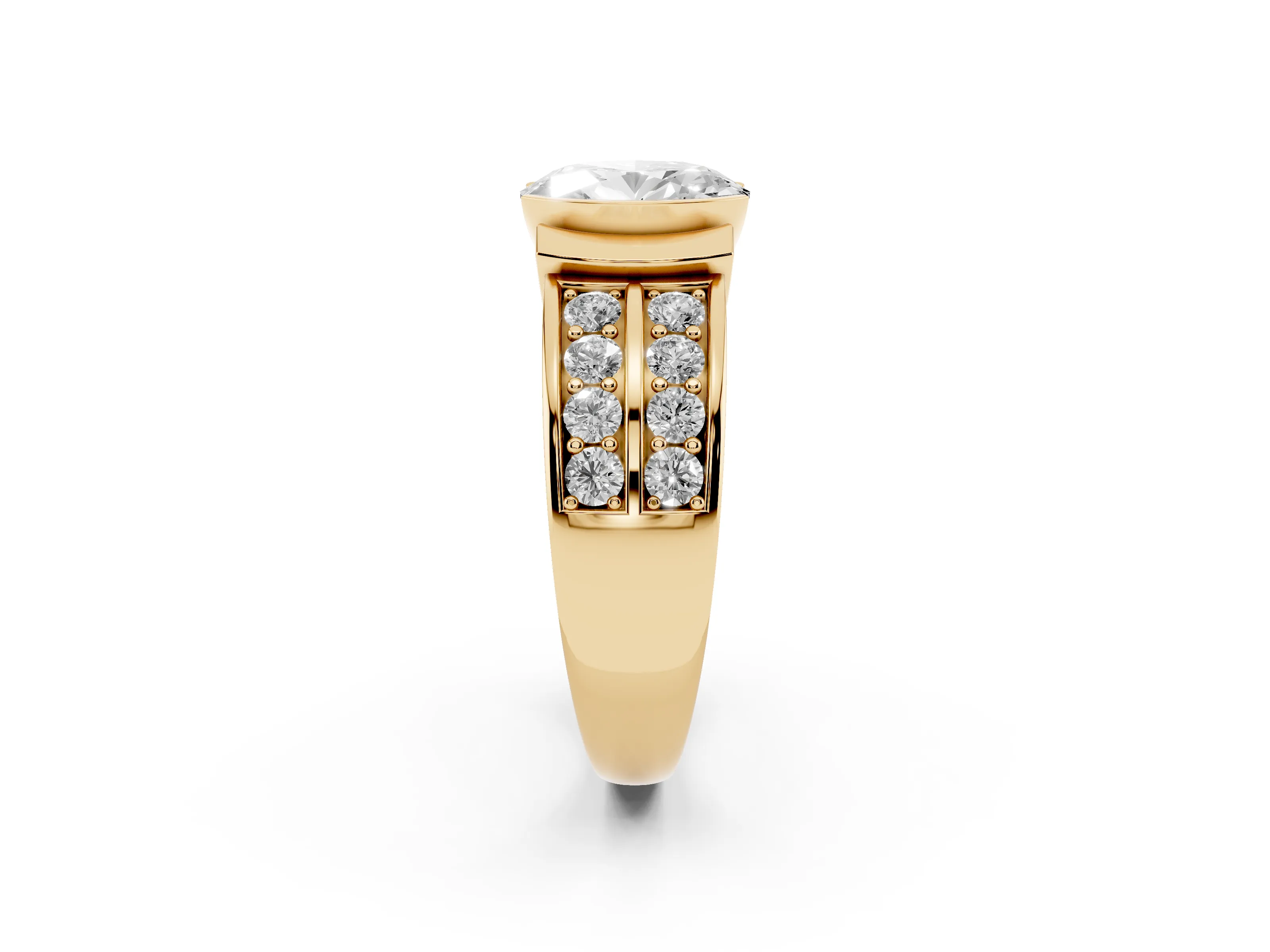 Oval Cut Diamond Wide Channel Set Band Ring Set in Yellow gold with Bezel Setting