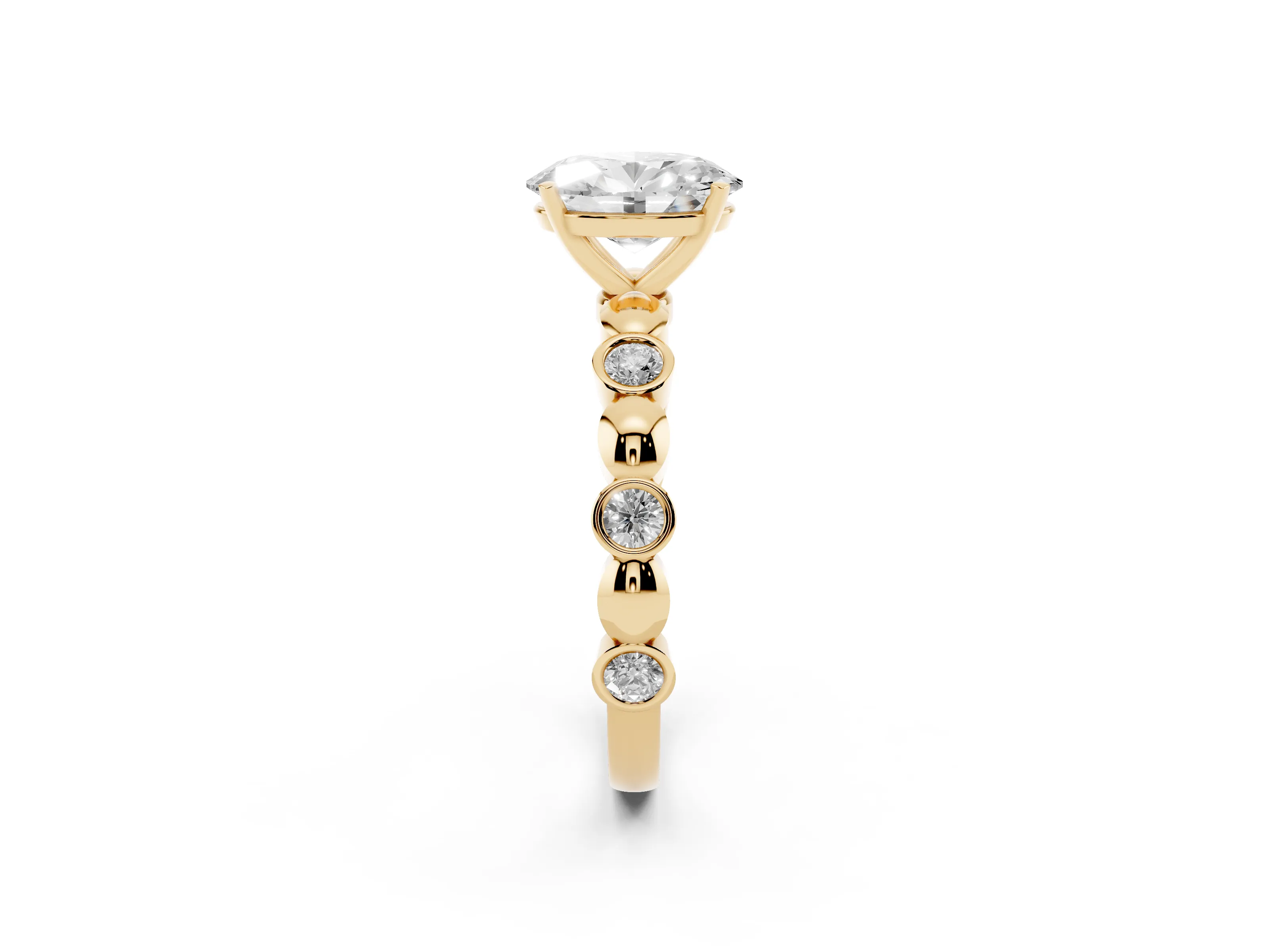 Oval Cut Diamond Solitaire Ring Set in Yellow gold with Bezel-Set Accents on Beaded Band and Prong Setting