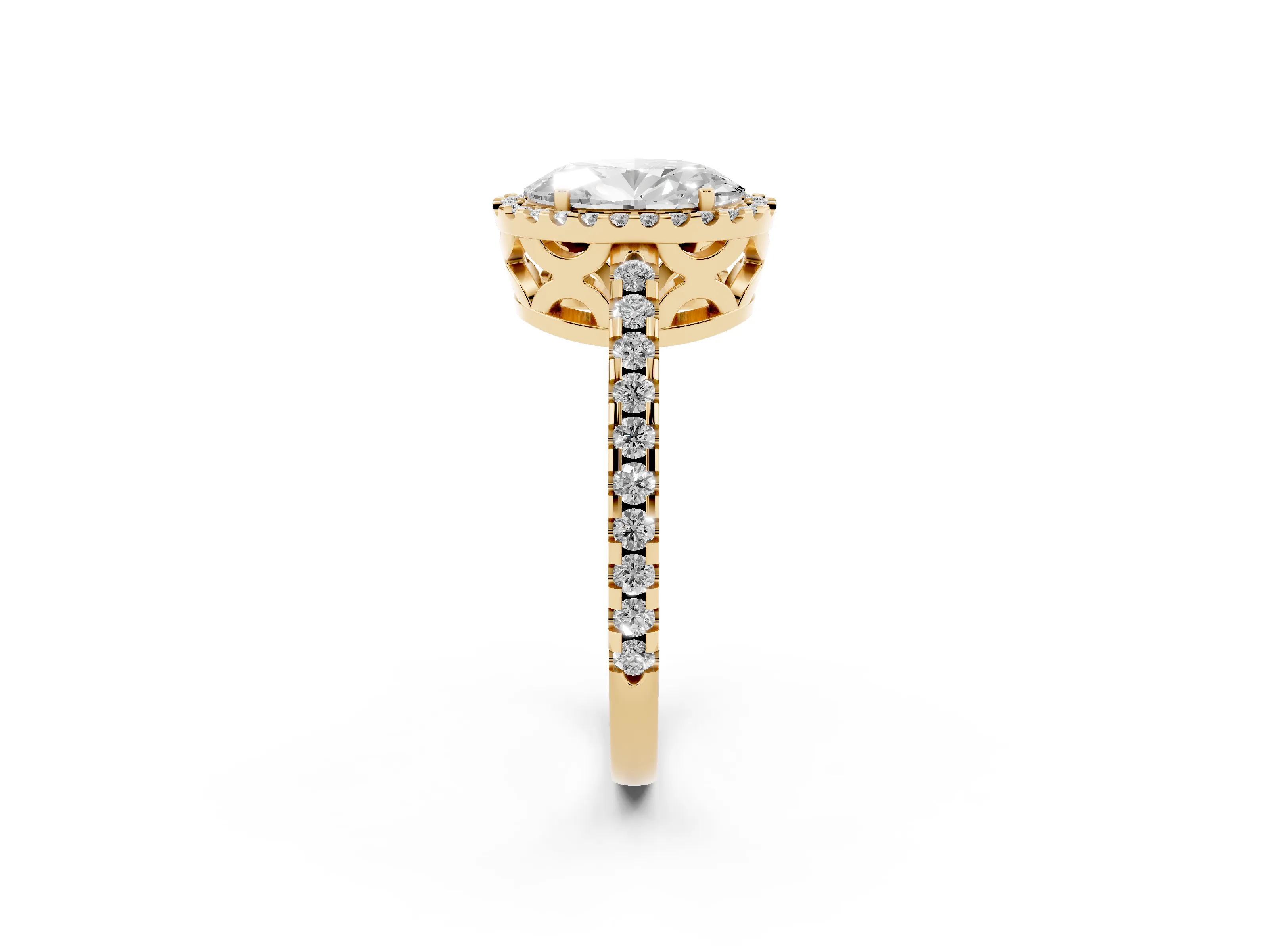 Oval Cut Diamond Halo Ring Set in Yellow gold with Pavé Shoulders and Halo-Framed Center