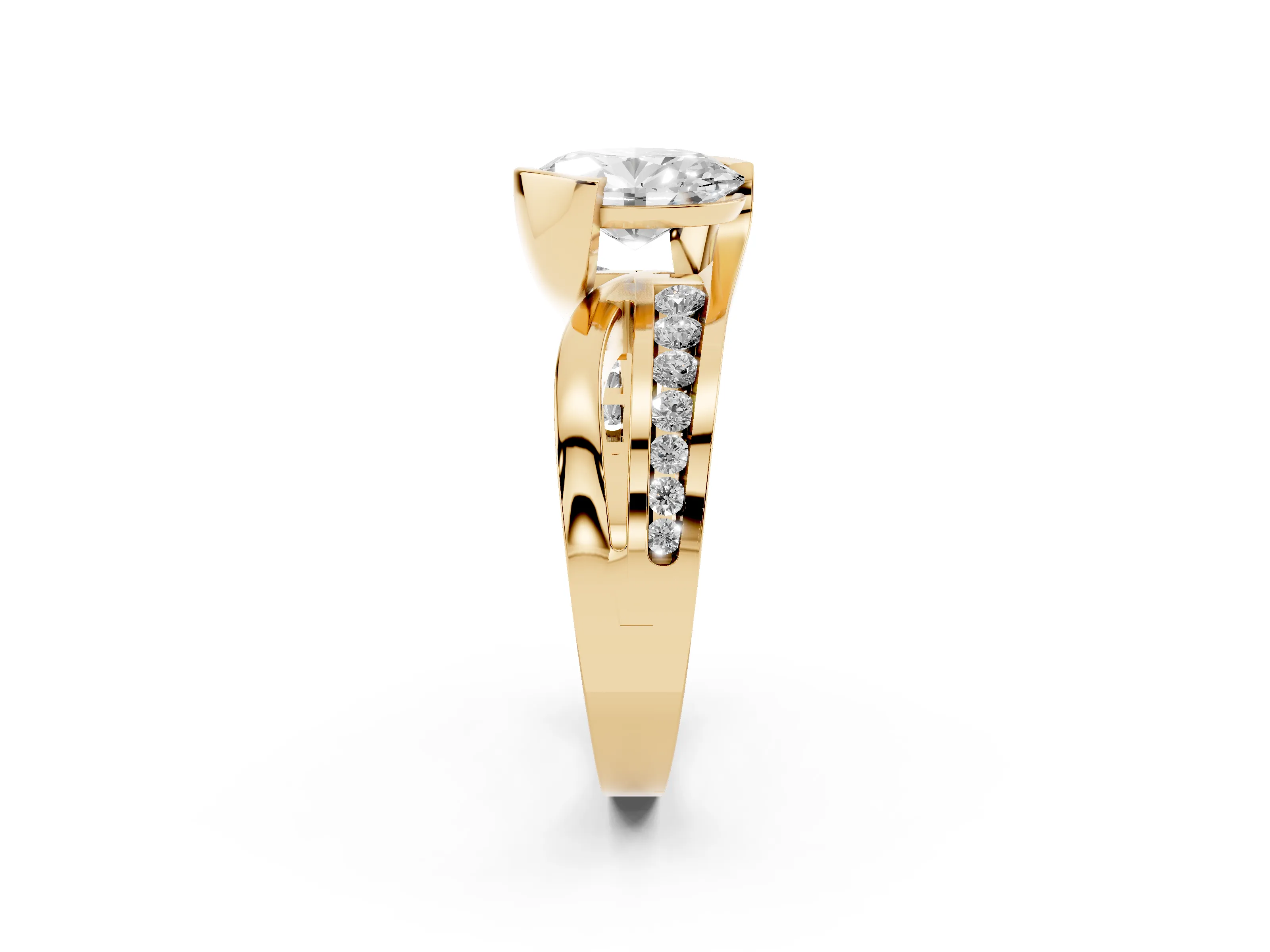 Oval Cut Diamond Solitaire Ring Set in Yellow gold with Channel Set Split Shank and Tension Prongs