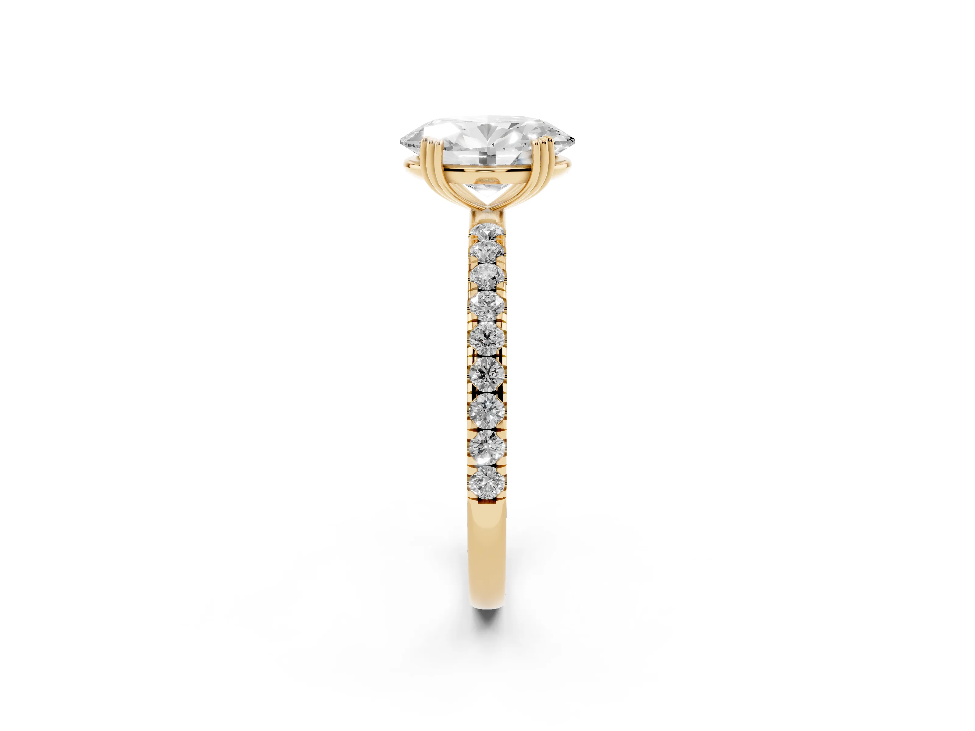 Oval Cut Diamond Brilliant Solitaire Set in Yellow gold with Pavé Band and Claw Prong Setting