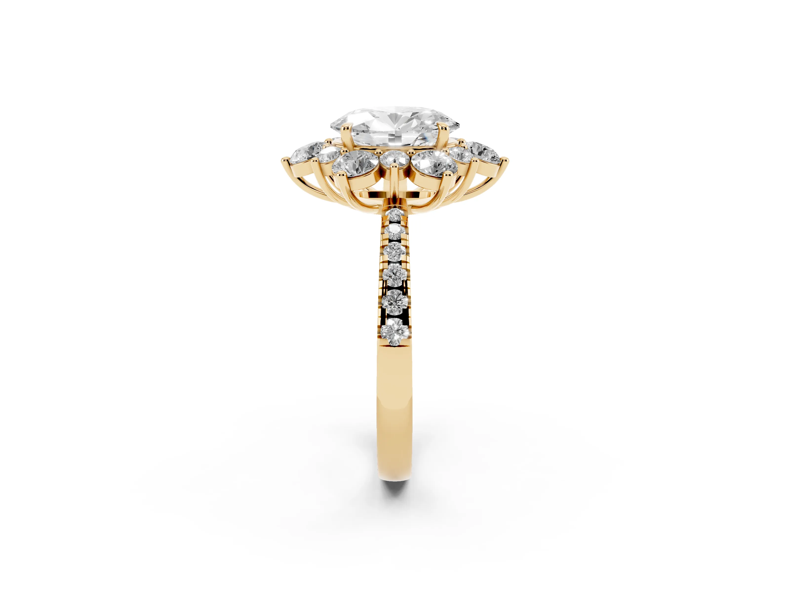 Oval Cut Diamond Floral Halo Ring Set in Yellow gold with Round Pavé Band and Prong Setting