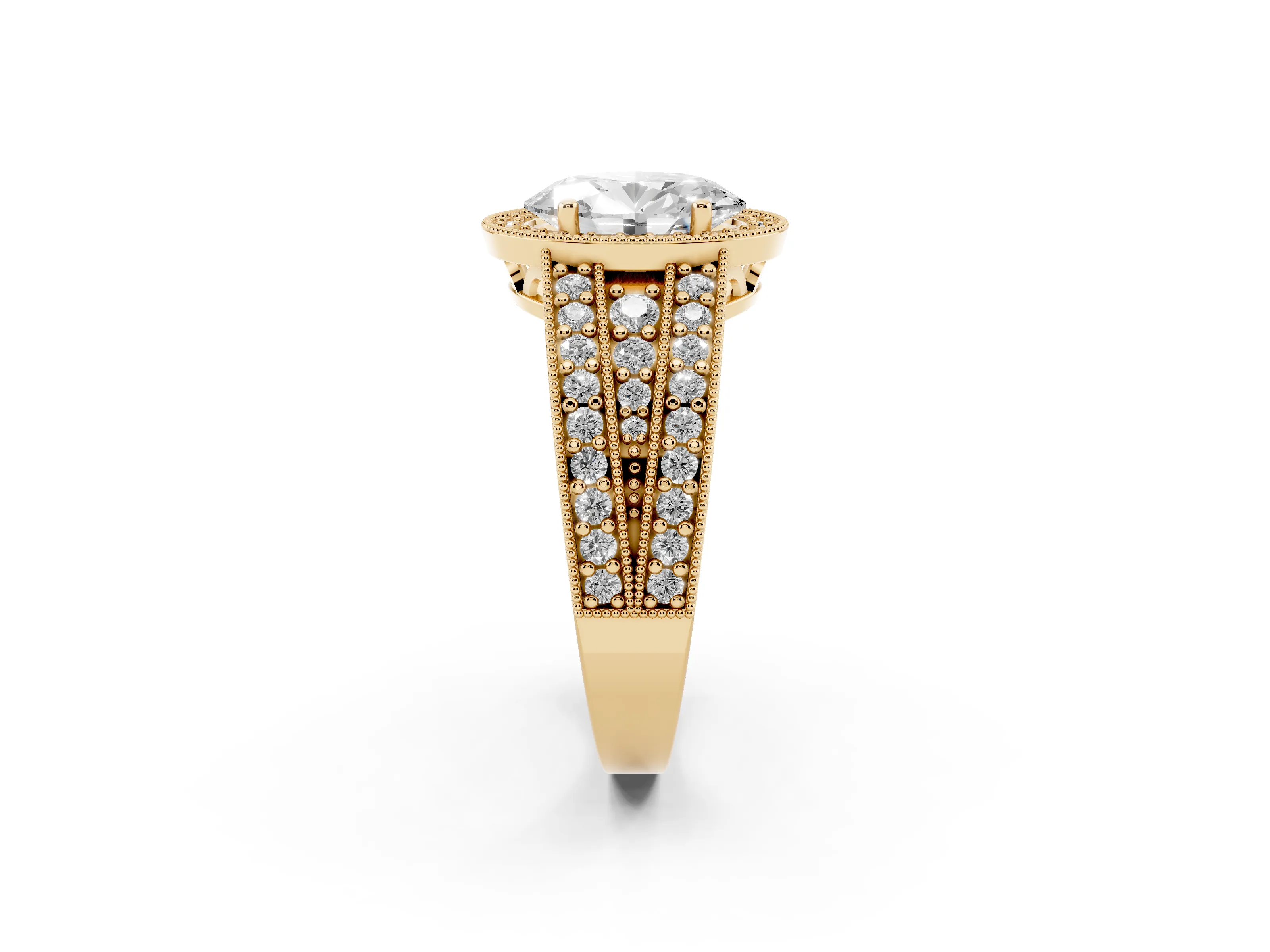 Oval Cut Diamond Halo Ring Set in Yellow gold with Accent Split Shank and Prong Setting
