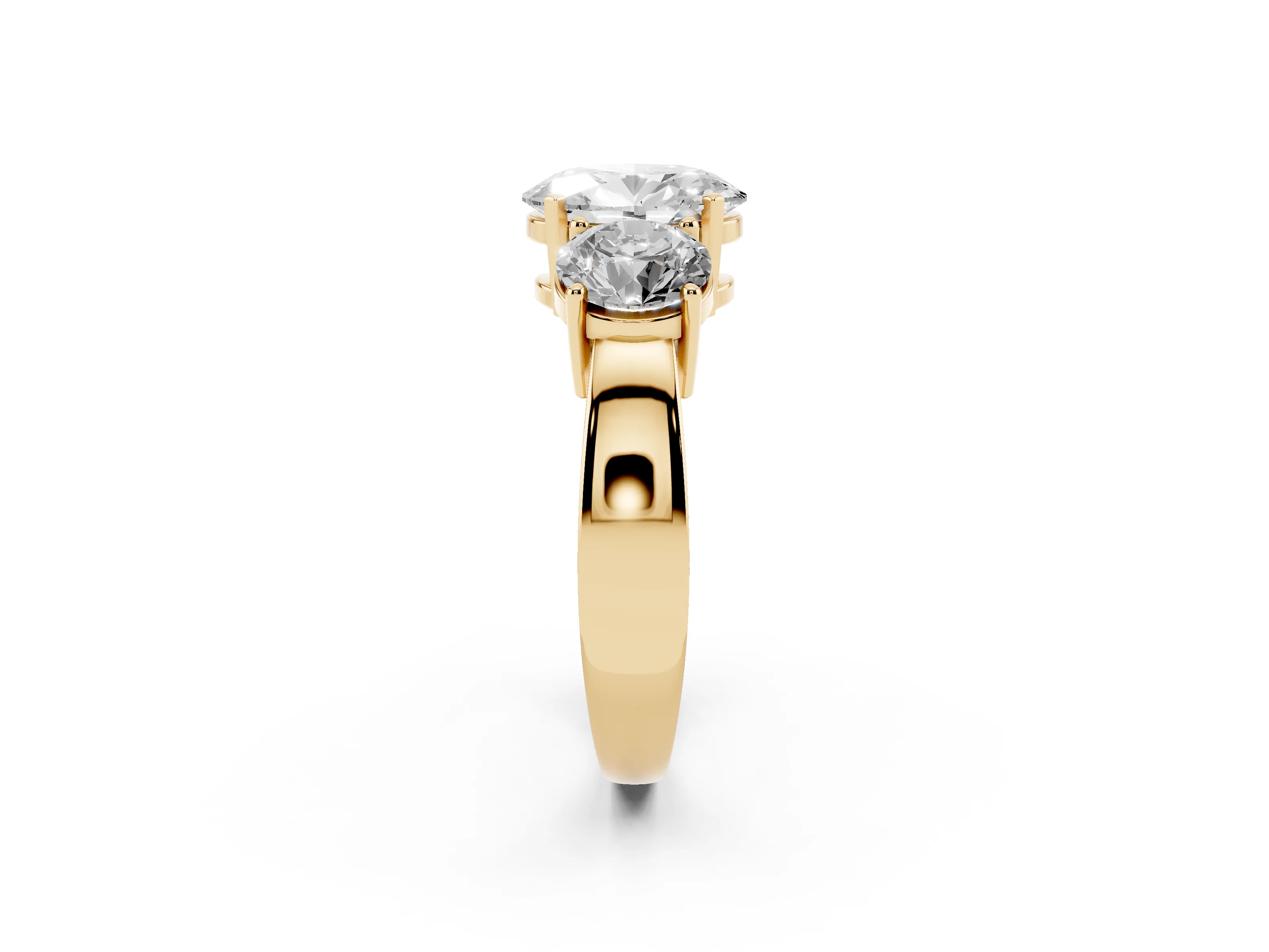Oval Cut Diamond Three-Stone Ring Set in Yellow gold with Round Side Stones and Classic Band