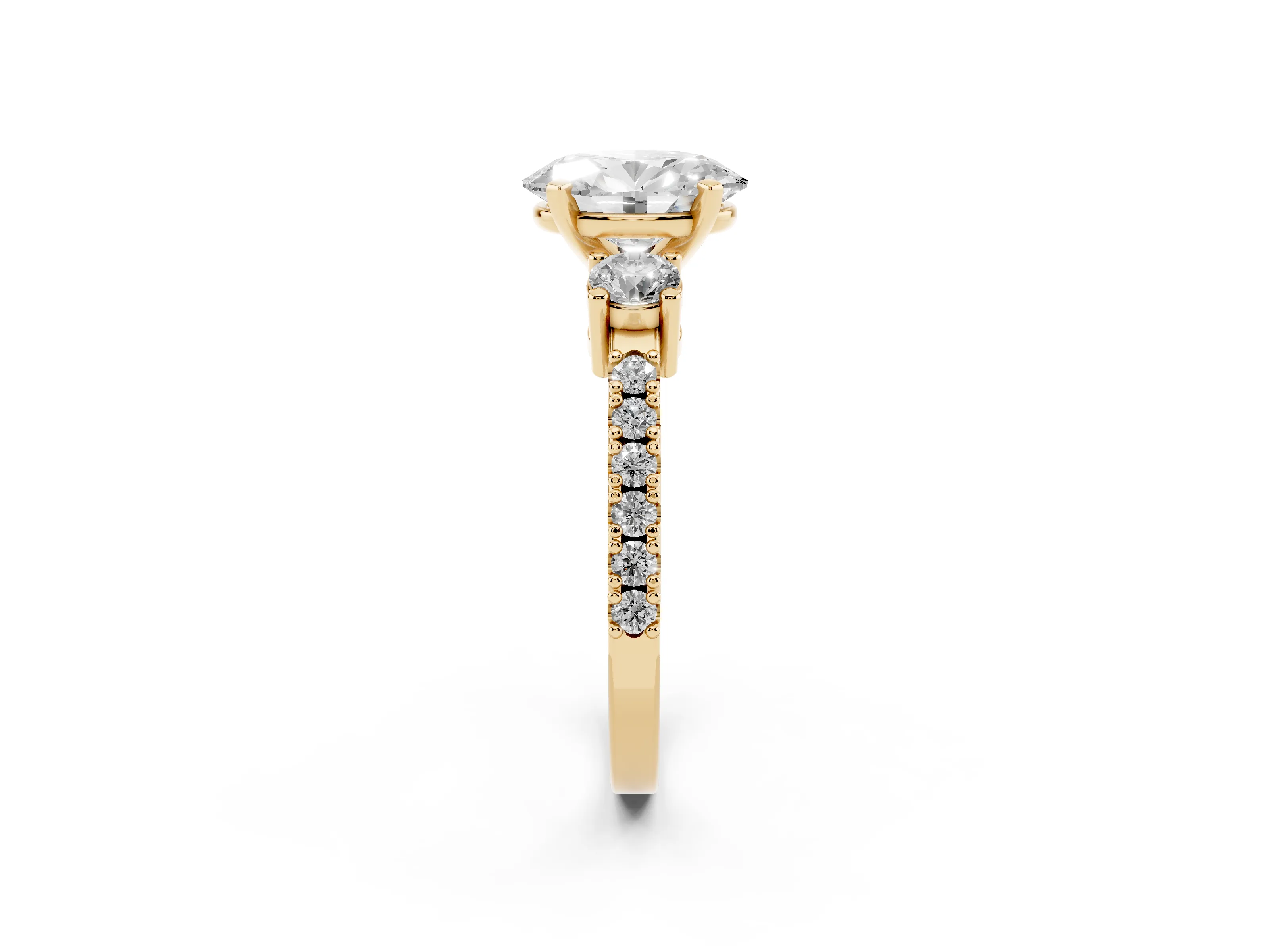 Three-Stone Oval Cut Diamond Pavé Band Ring Set in Yellow gold with Prong Setting