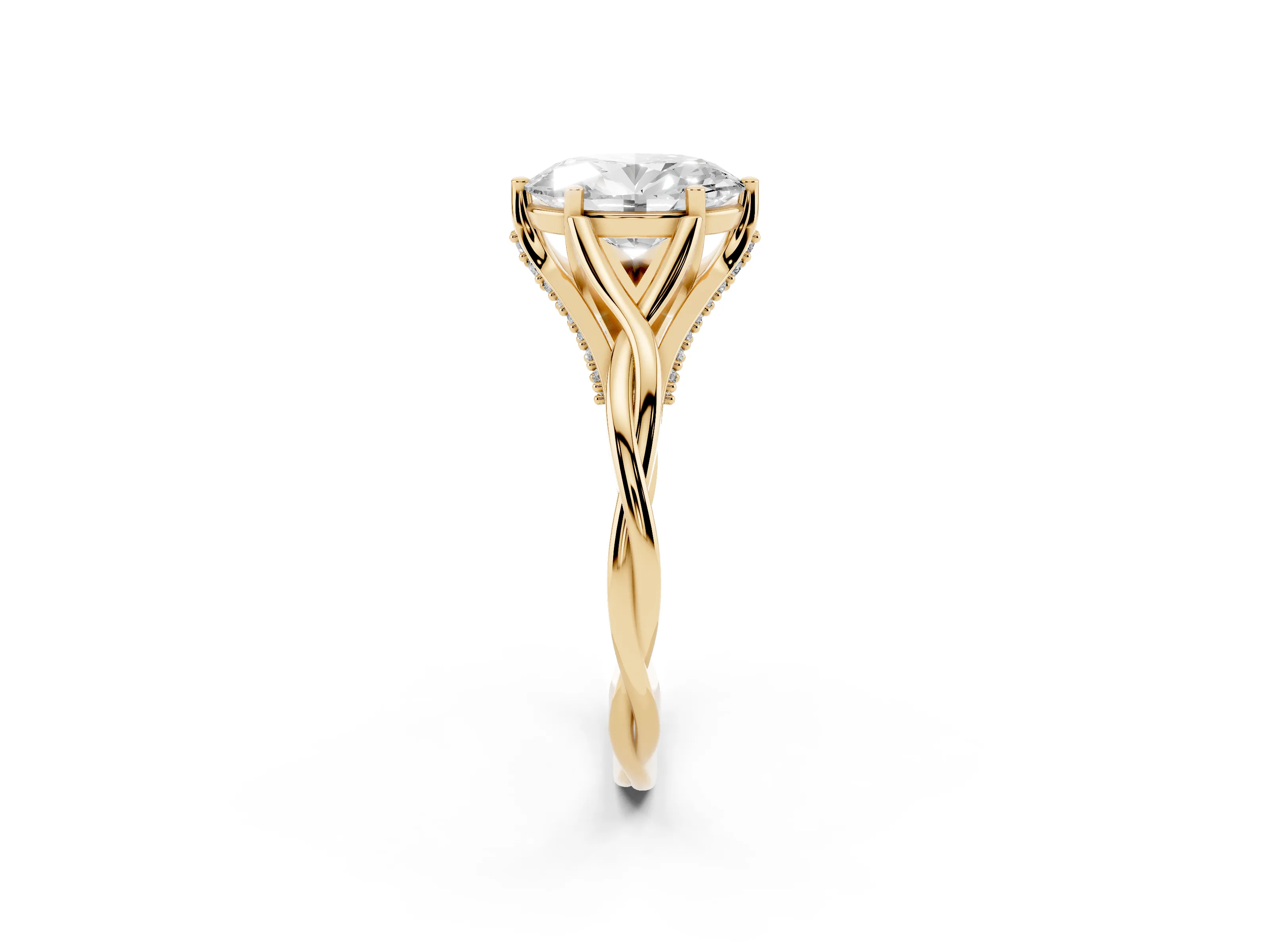 Oval Cut Diamond Intertwined Twist Band Solitaire Ring Set in Yellow gold with Prong Setting