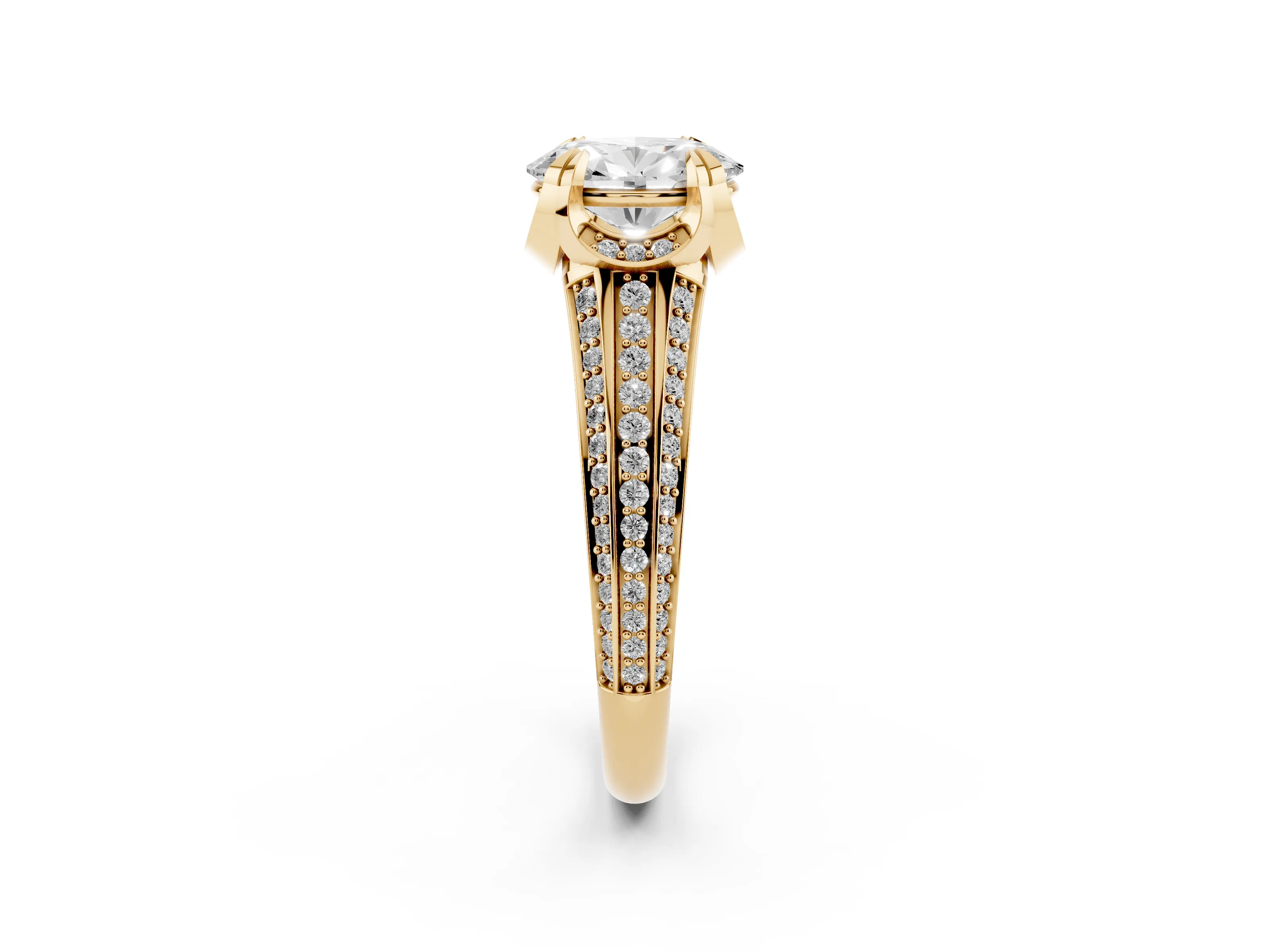Oval Cut Diamond Pavé Split Shank Solitaire Ring Set in Yellow gold with Prong Setting