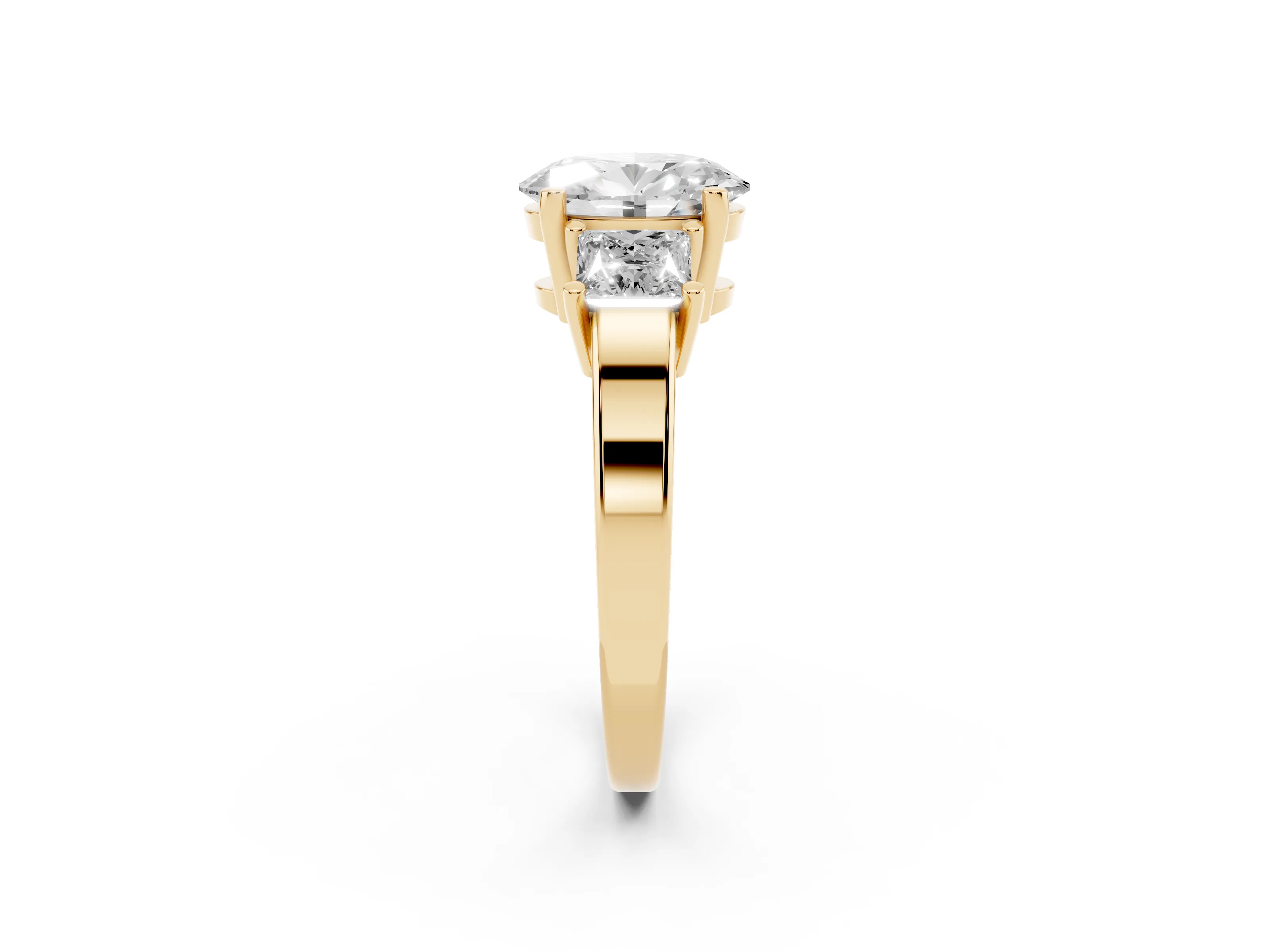 Three-Stone Oval Cut Diamond Solitaire Ring Set in Yellow gold with Prong Setting