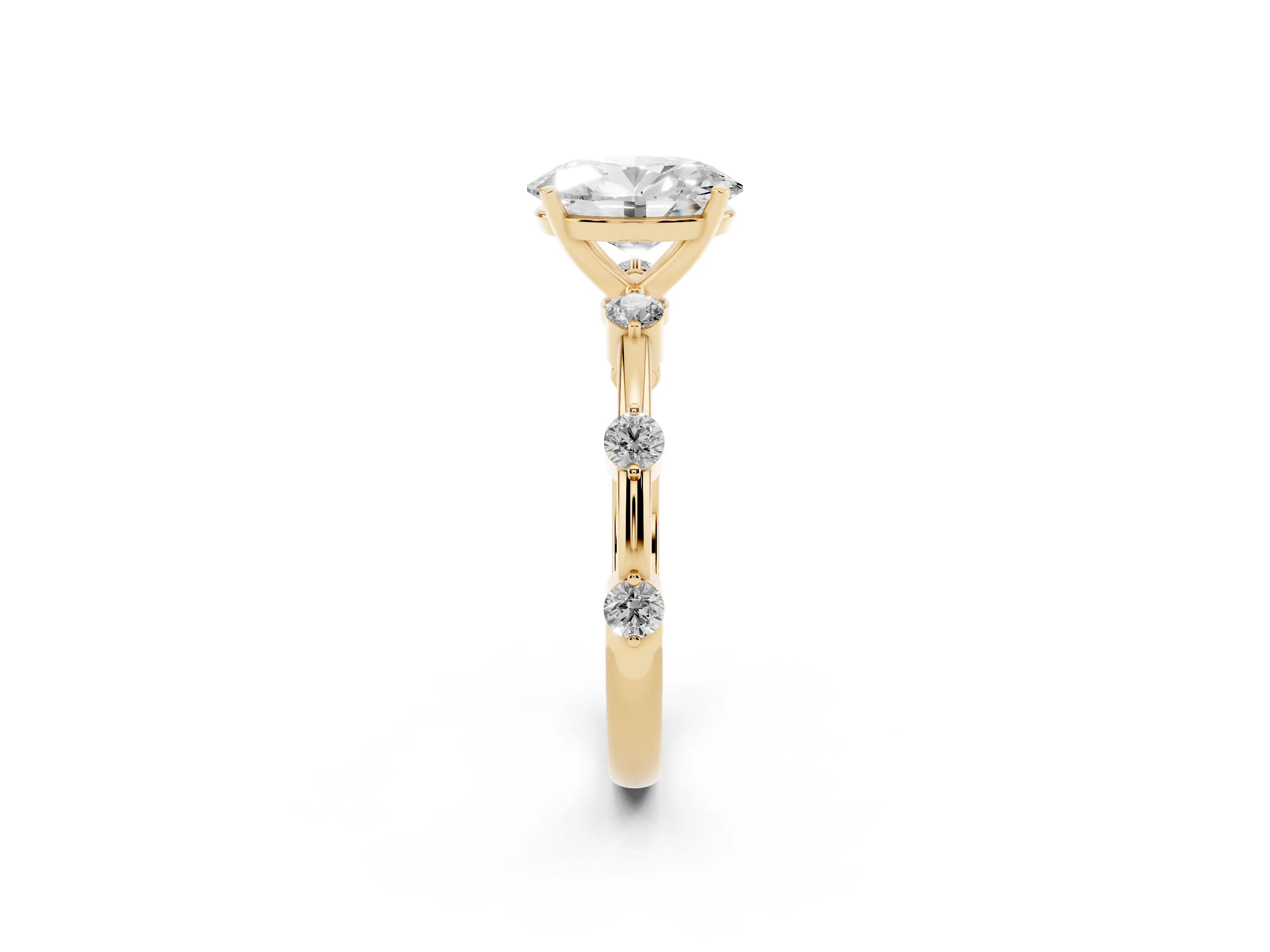 Oval Cut Diamond Solitaire Ring Set in Yellow gold with Bezel Set Side Stones and Prong Setting