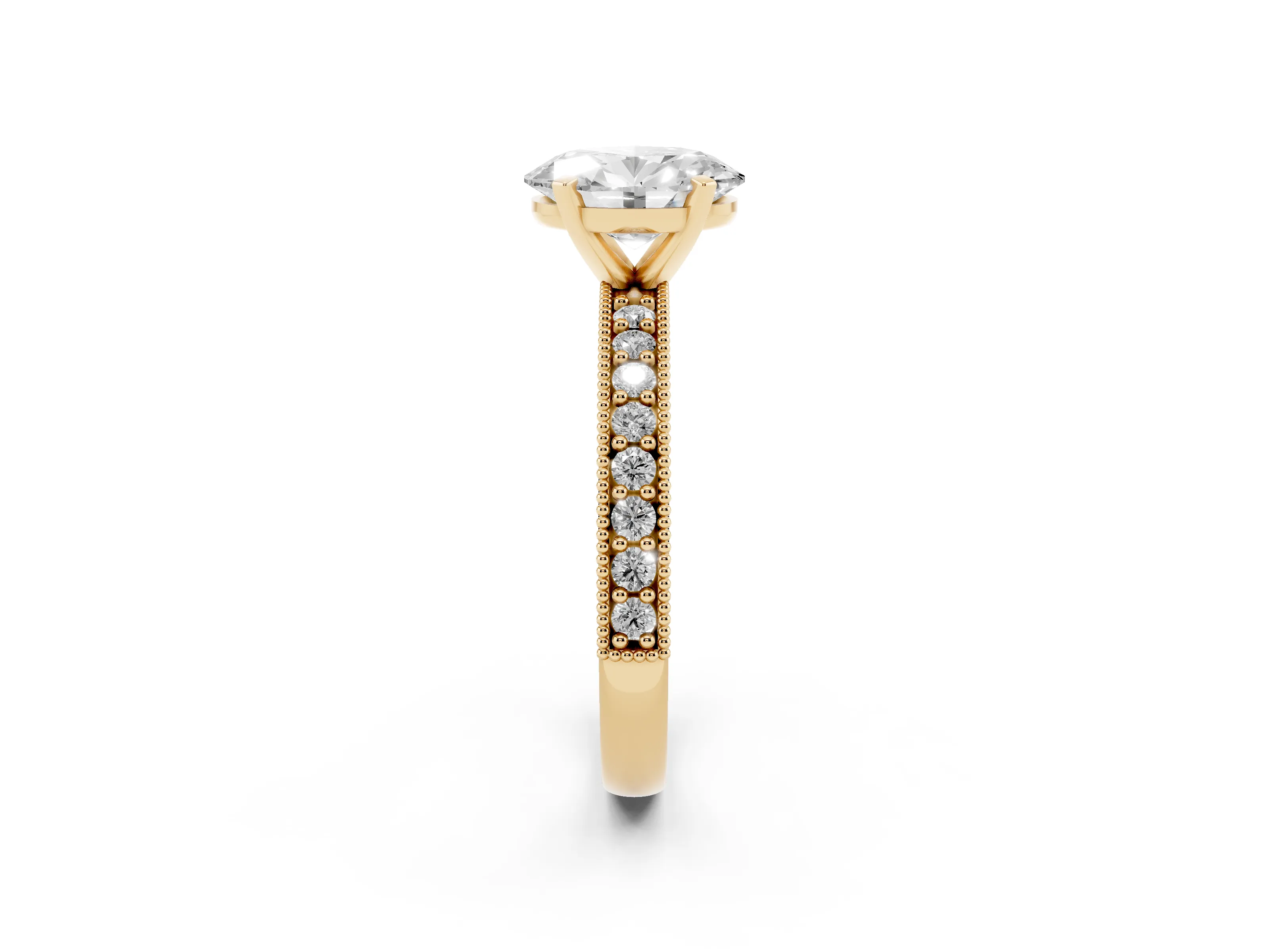 Oval Cut Diamond Milgrain Pavé Engagement Ring Set in Yellow gold with Prong Setting