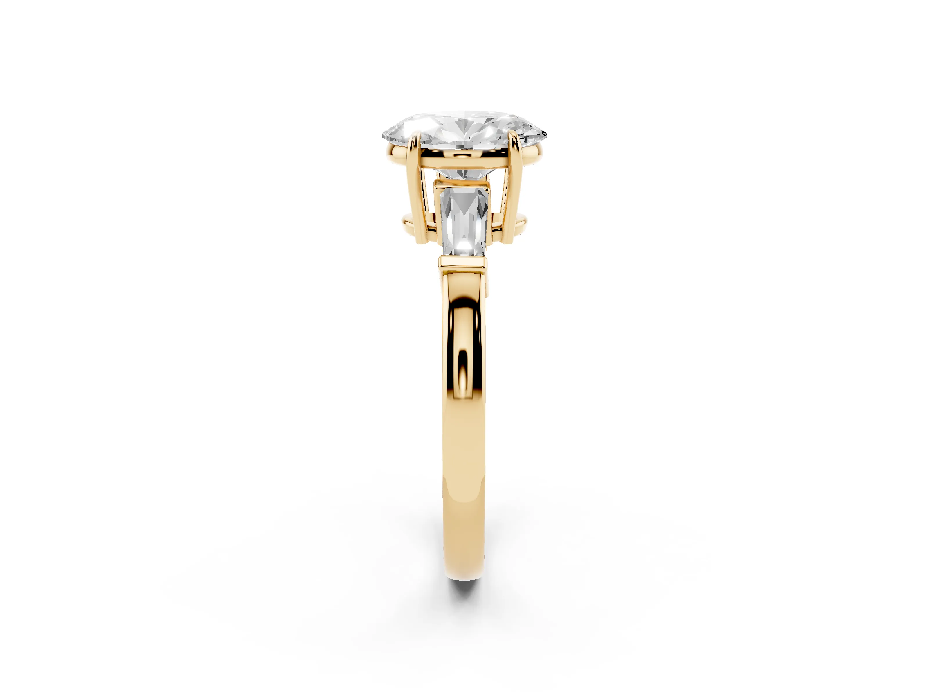 Oval Cut Diamond Three-Stone Ring Set in Yellow gold with Tapered Baguette Side Stones and Prong Setting