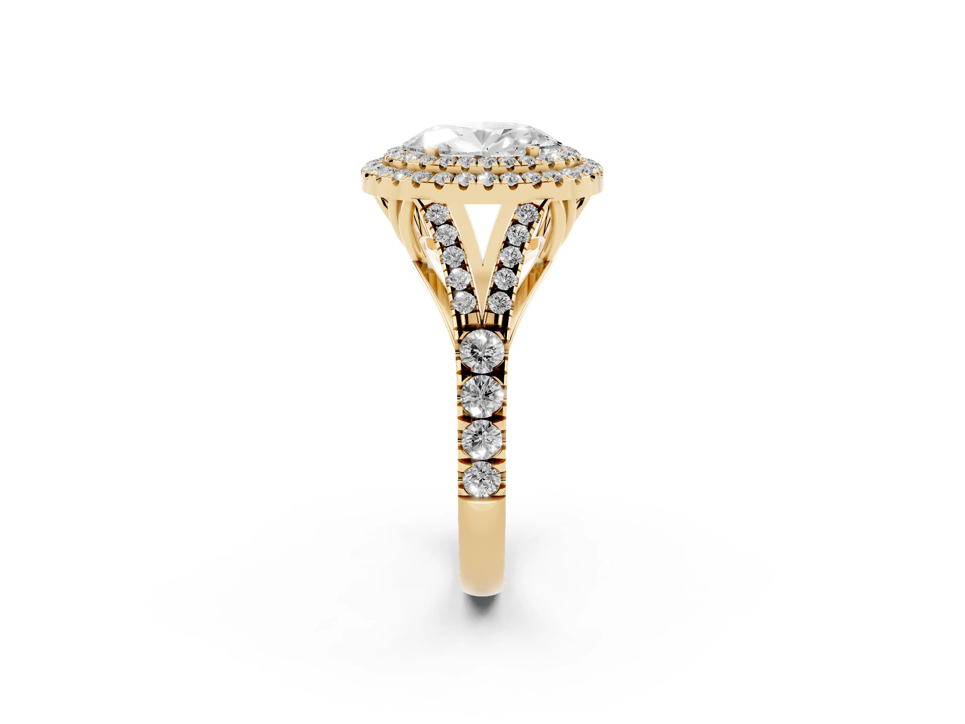 Oval Cut Diamond Pavé Split Shank Double Halo Engagement Ring Set in Yellow gold