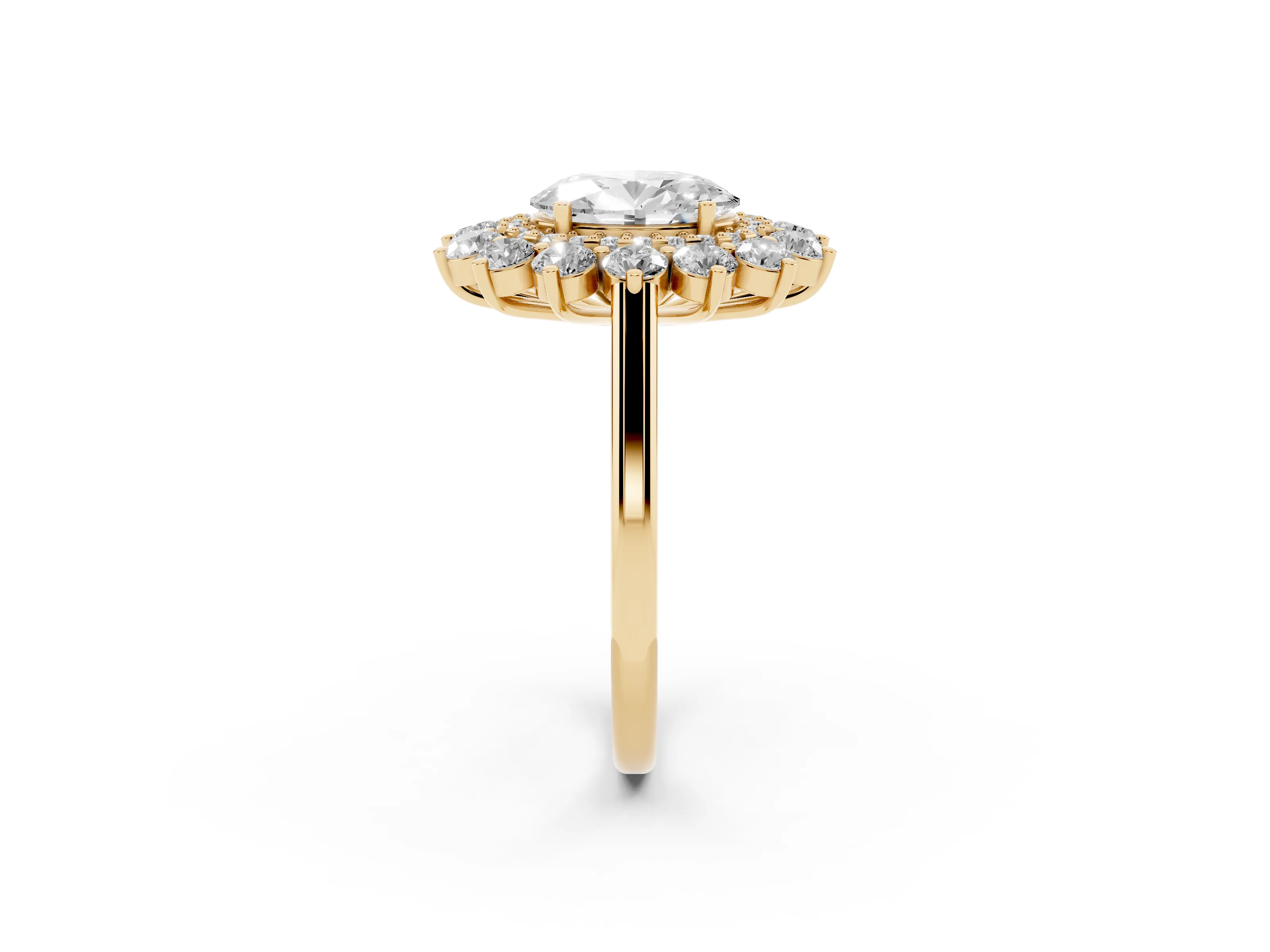 Oval Cut Diamond Floral Double Halo Ring Set in Yellow gold with Round Petals