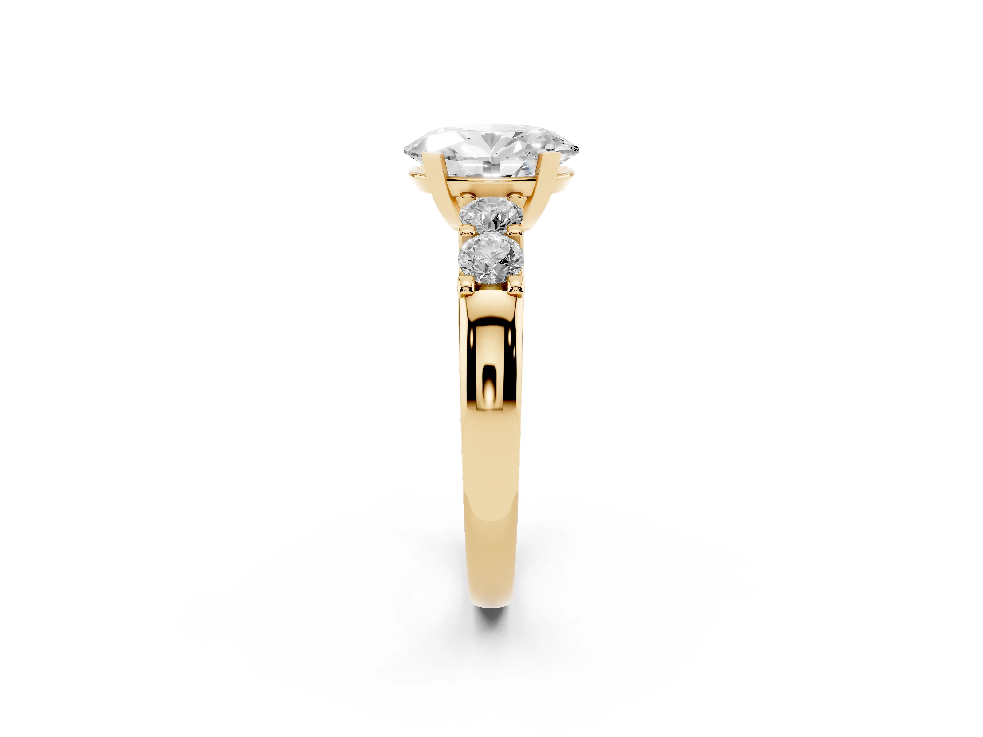Oval Cut Diamond Five-Stone Prong Set Engagement Ring Set in Yellow gold with Channel Band