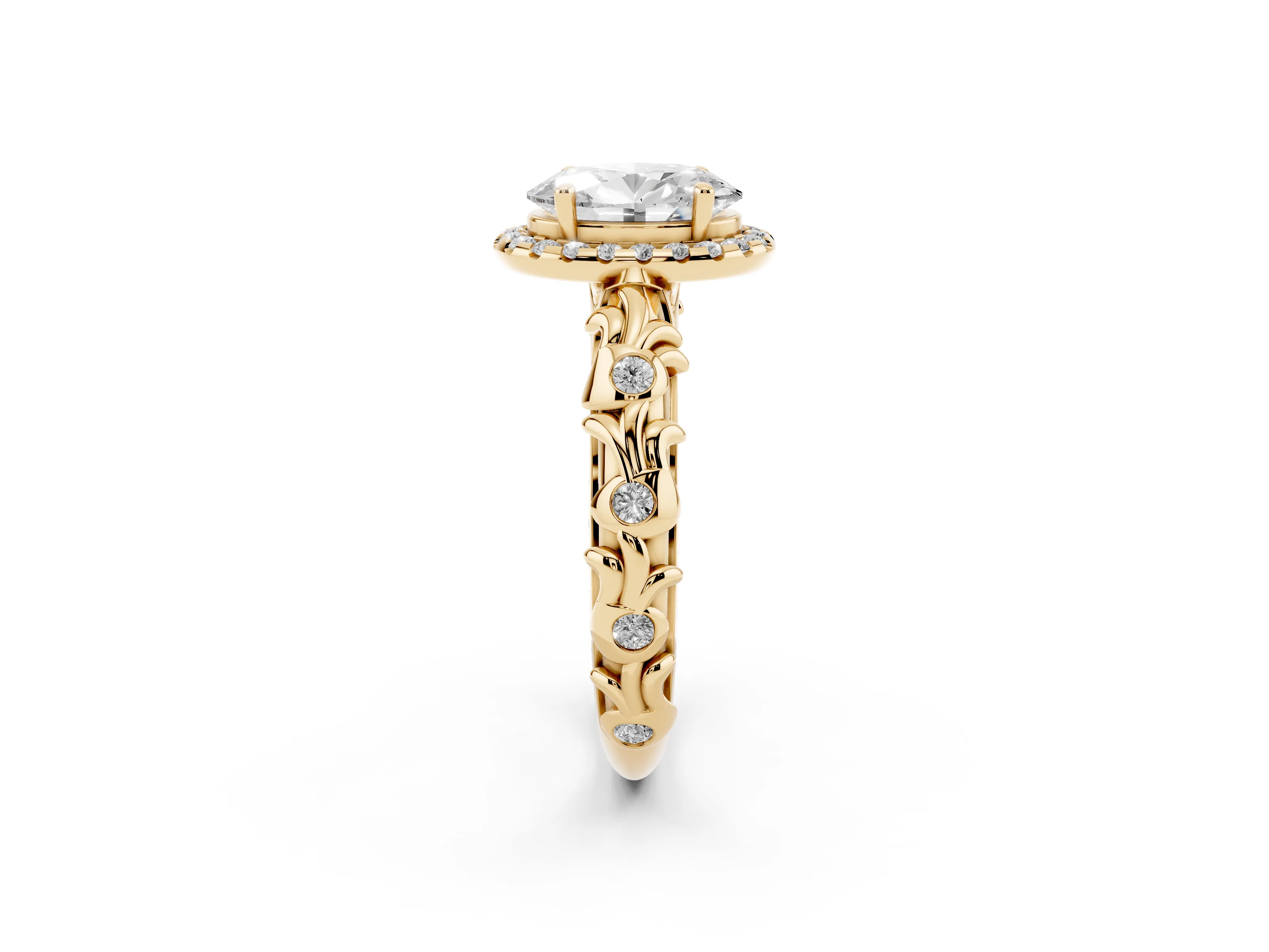 Oval Cut Diamond Halo Ring Set in Yellow gold with Filigree Leaf Band and Prong Setting