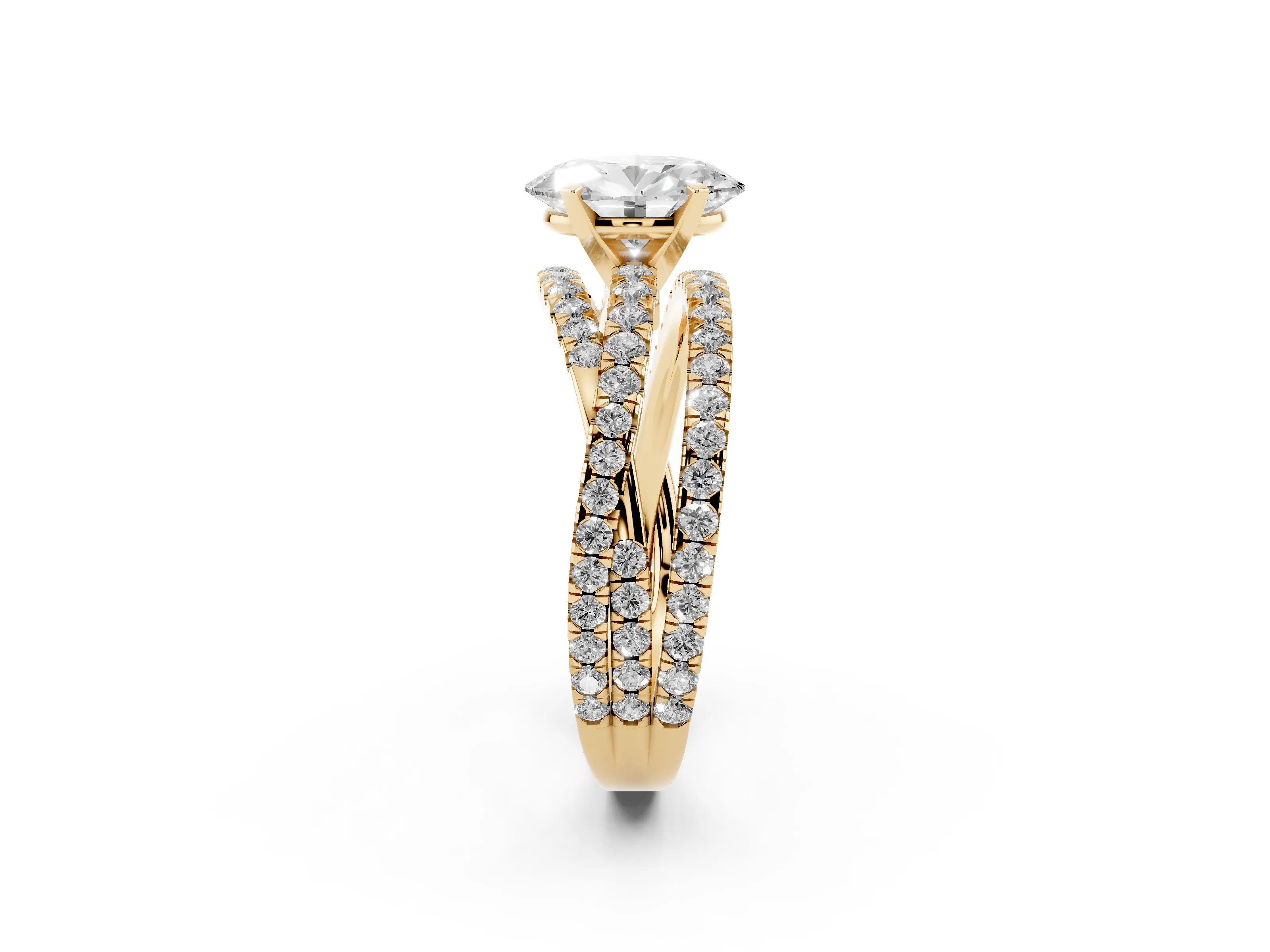 Oval Cut Diamond Solitaire Twist Band Ring Set in Yellow gold with Pavé Setting and Prong Head