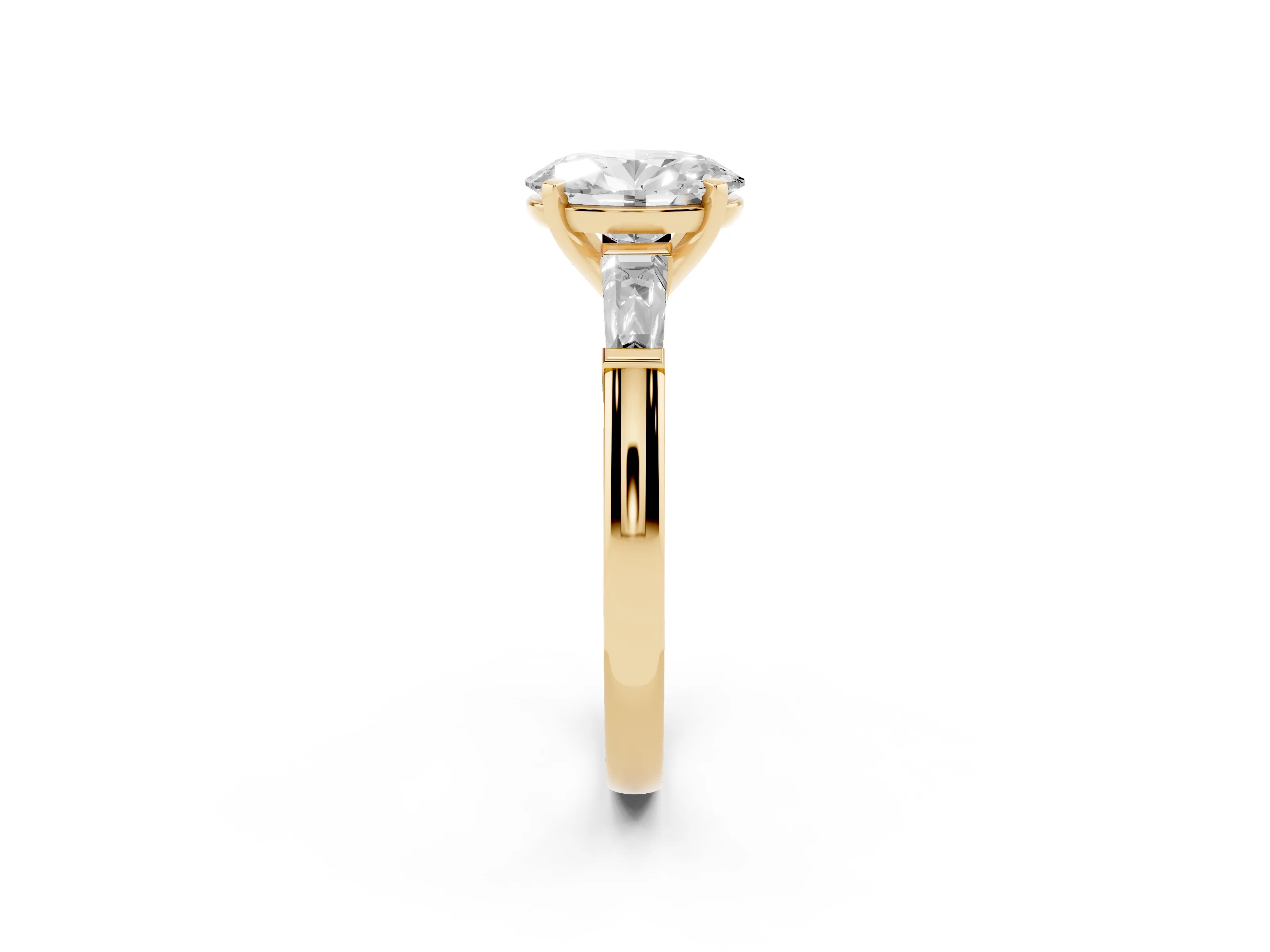 Oval Cut Diamond Solitaire Ring Set in Yellow gold with Tapered Baguette Side Stones and Prong Setting