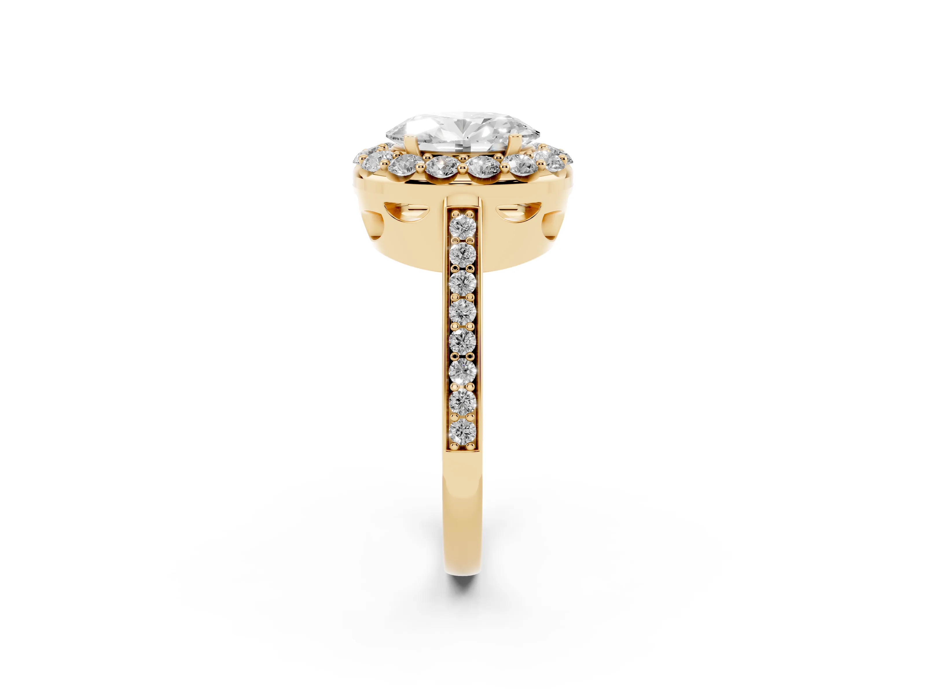 Oval Cut Diamond Floral Halo Ring Set in Yellow gold with Pavé Band and Prong Setting