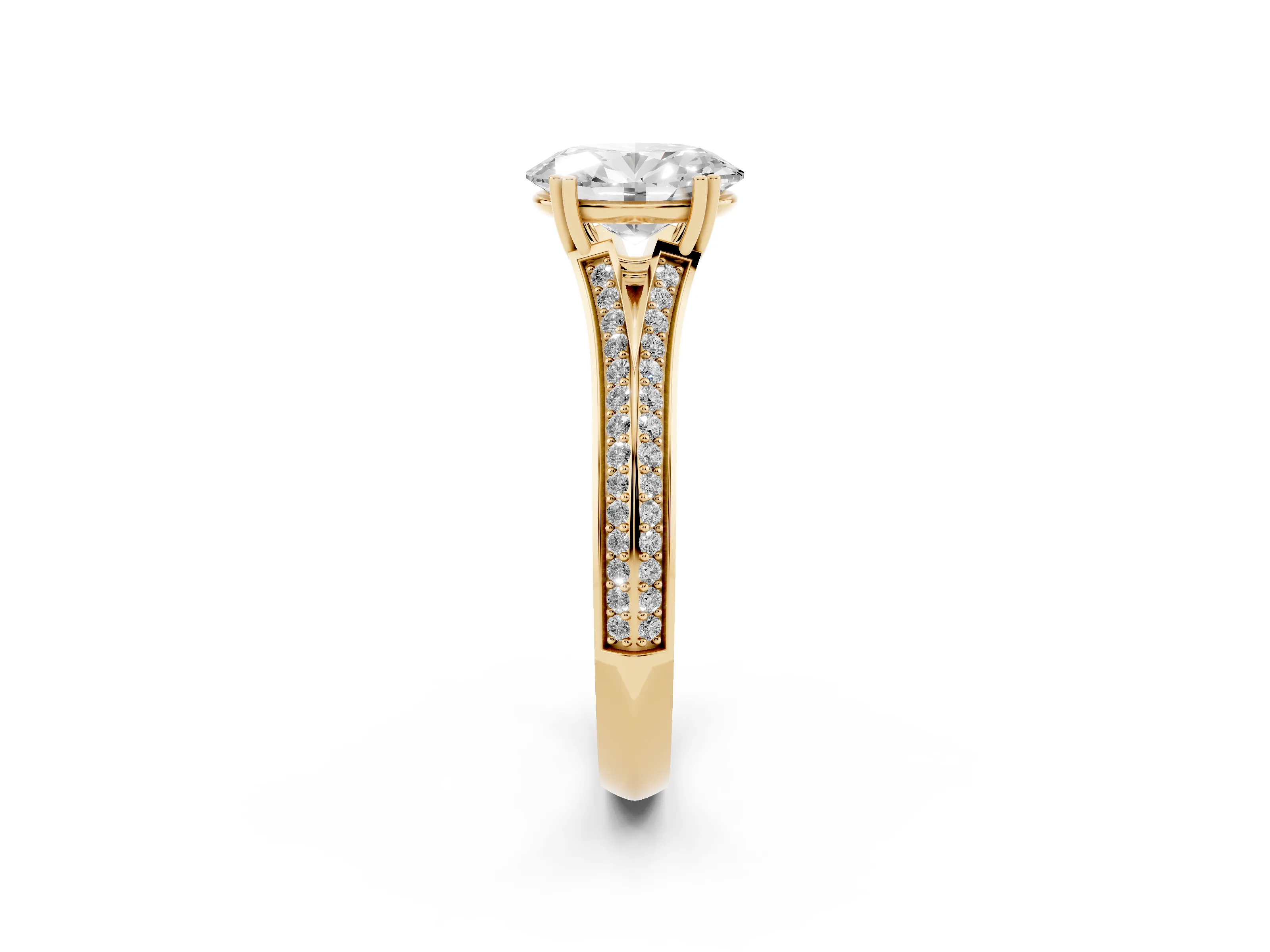 Oval Cut Diamond Split Shank Pavé Engagement Ring Set in Yellow gold with Prong-Set Center Stone