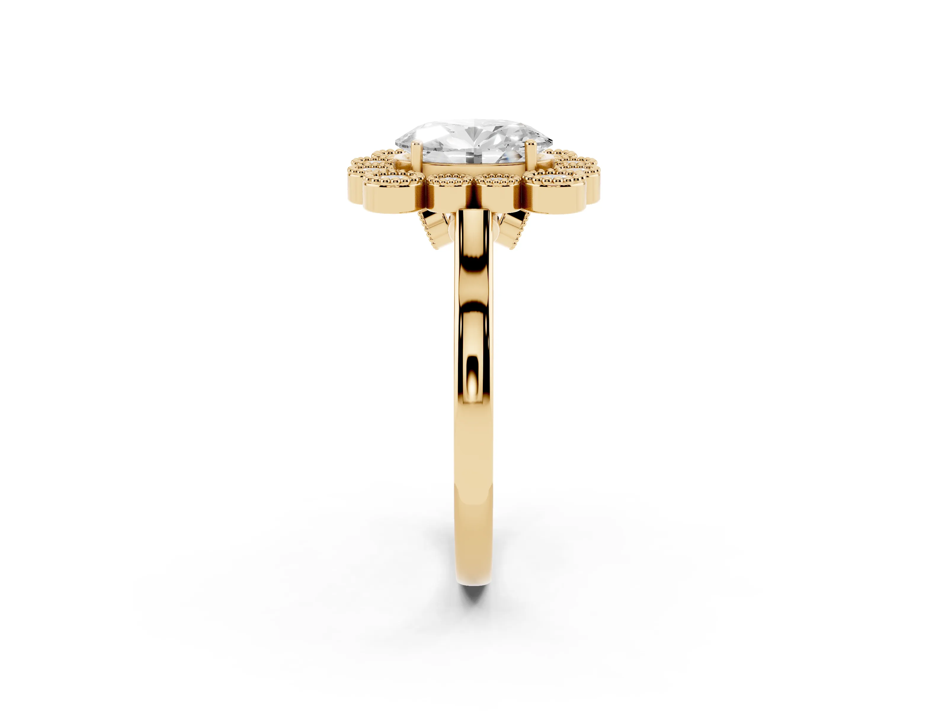 Oval Cut Diamond Cluster Halo Ring Set in Yellow gold with Milgrain Bezel Accents and Plain Band