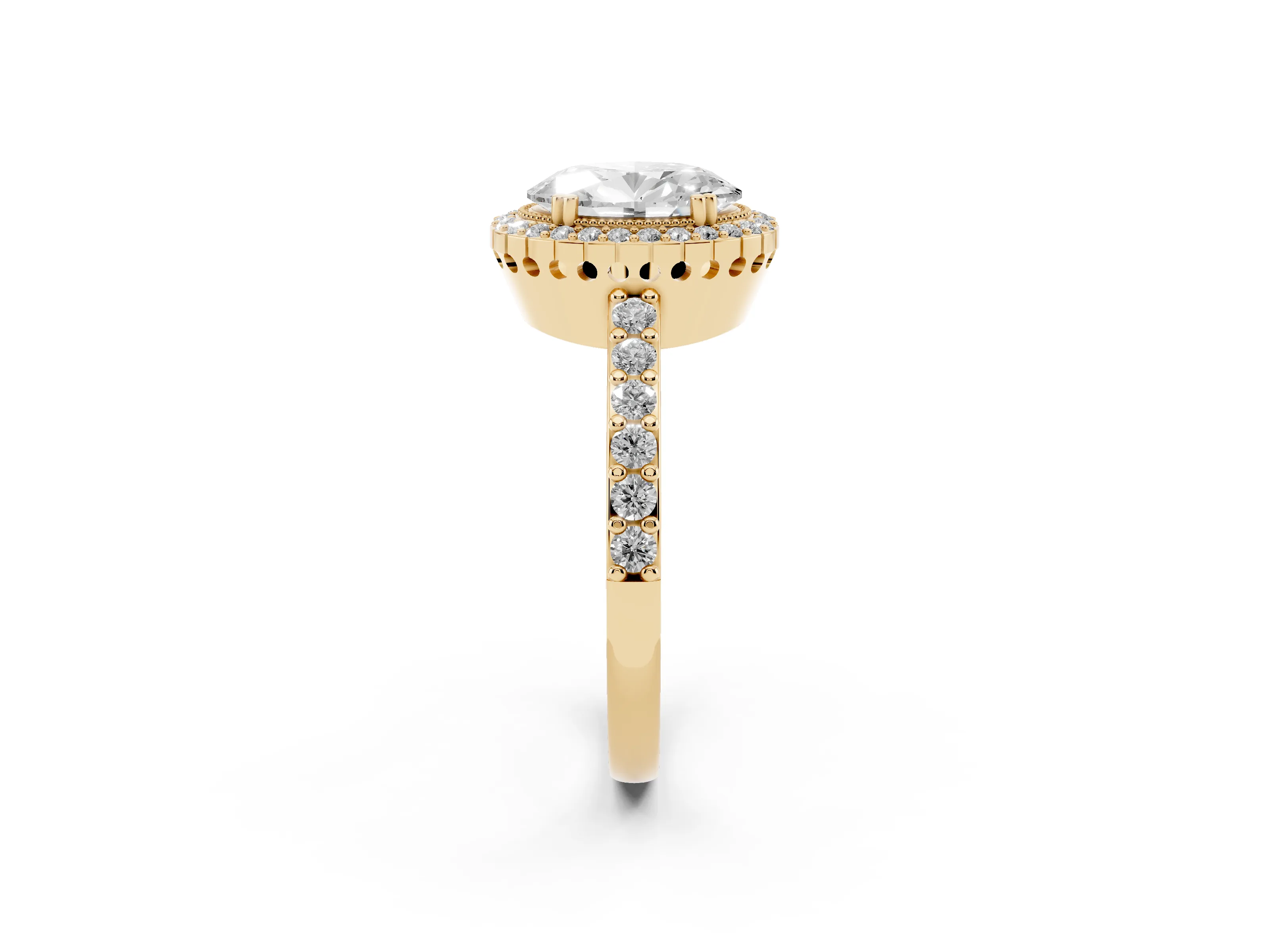 Oval Cut Diamond Halo Engagement Ring Set in Yellow gold with Milgrain Detail and Pavé Band