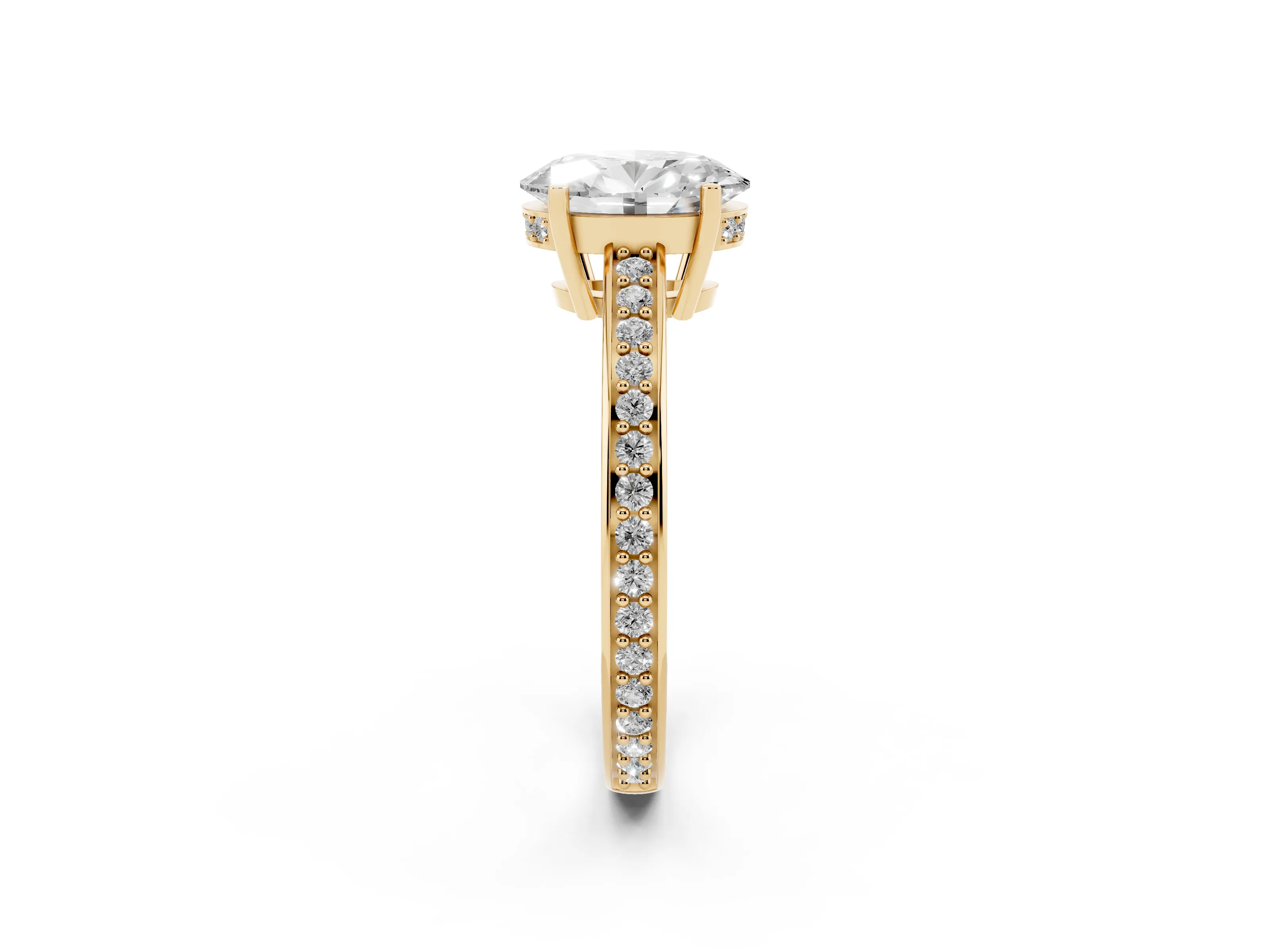 Oval Cut Diamond Pavé Band Prong Set Solitaire Ring Set in Yellow gold