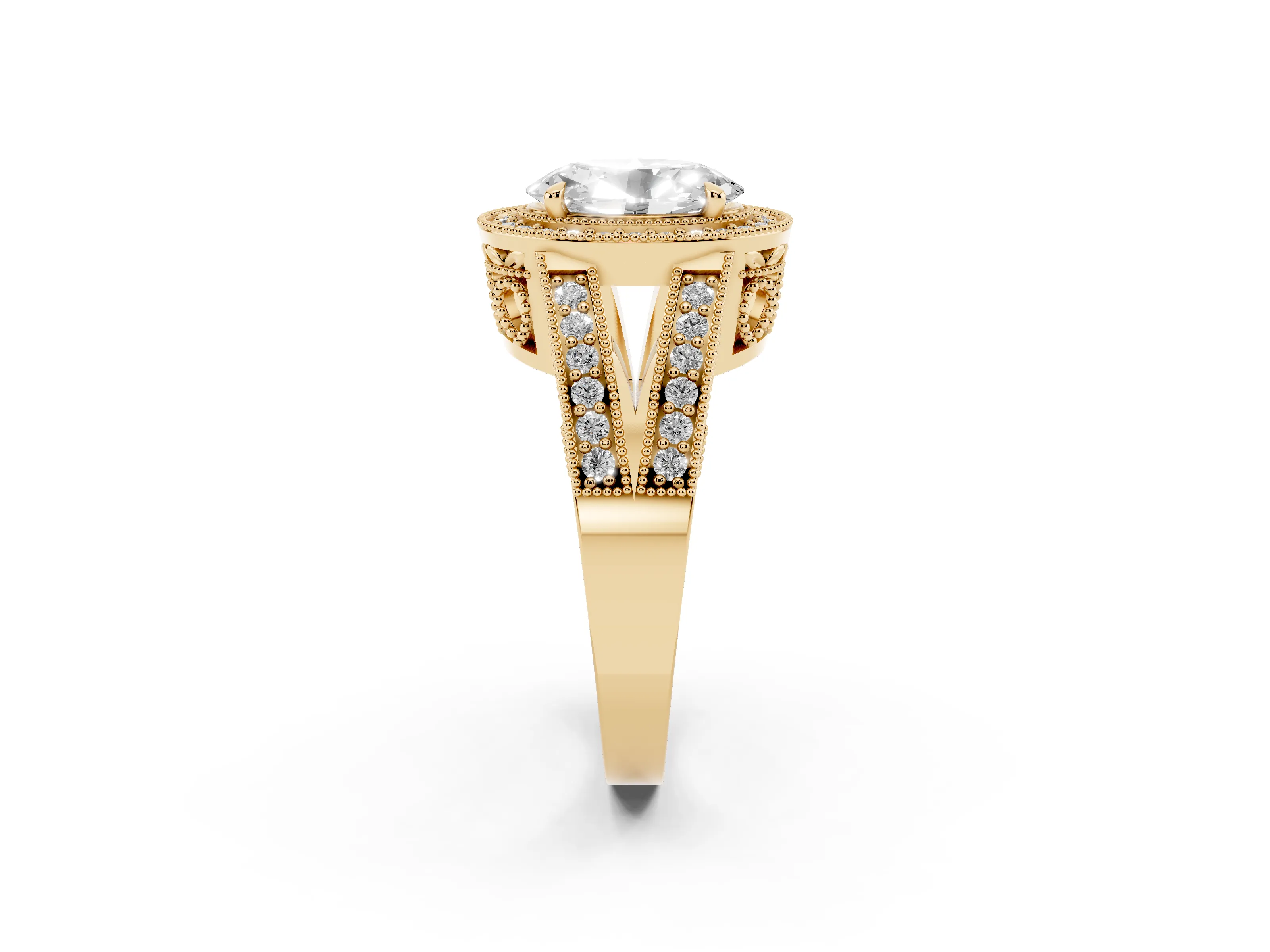 Oval Cut Diamond Halo Ring Set in Yellow gold with Stone-Set Split Shank and Milgrain Edges