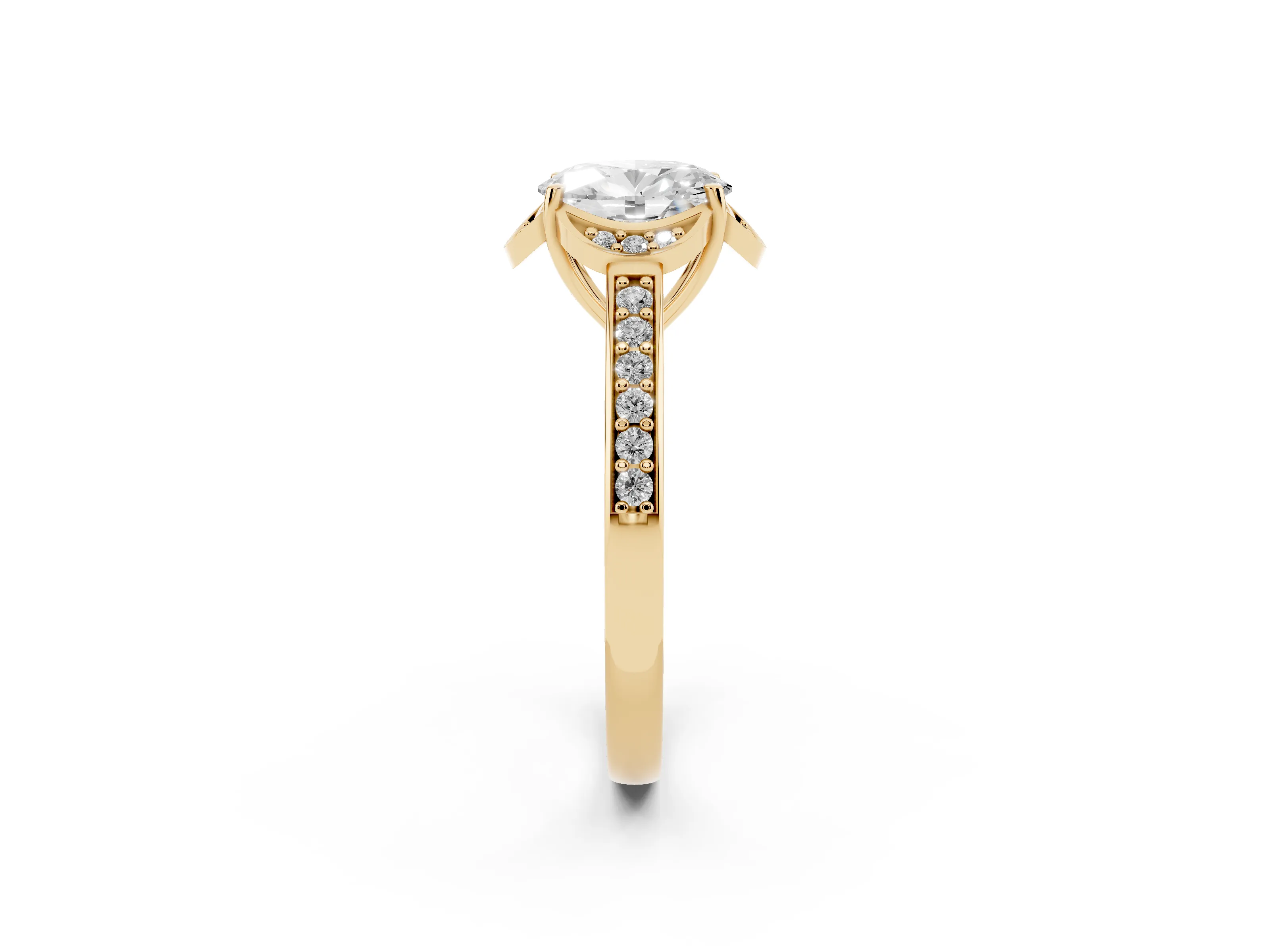 Oval Cut Diamond Halo Ring Set in Yellow gold with Channel Set Band and Prong Setting
