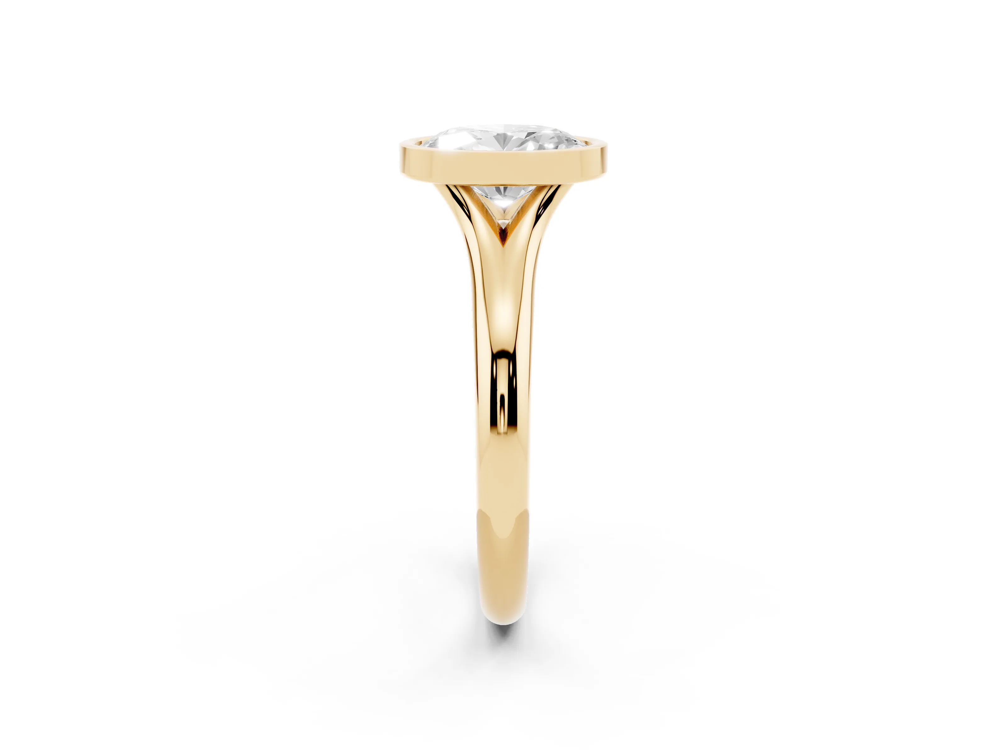Bezel Set Oval Cut Diamond Solitaire Ring Set in Yellow gold with Smooth Band