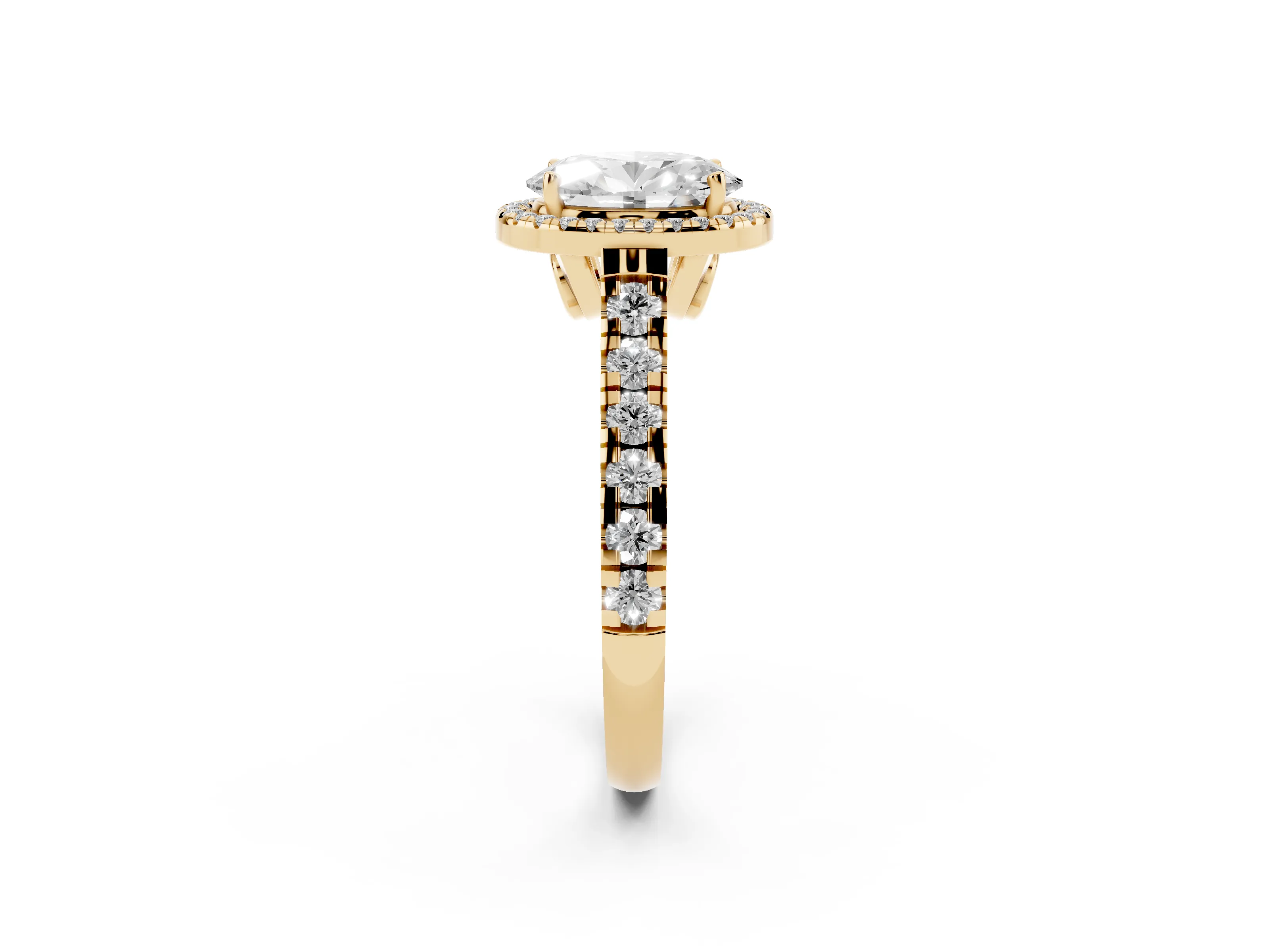 Oval Cut Diamond Halo Engagement Ring Set in Yellow gold with Pavé Band and Prong-Set Center