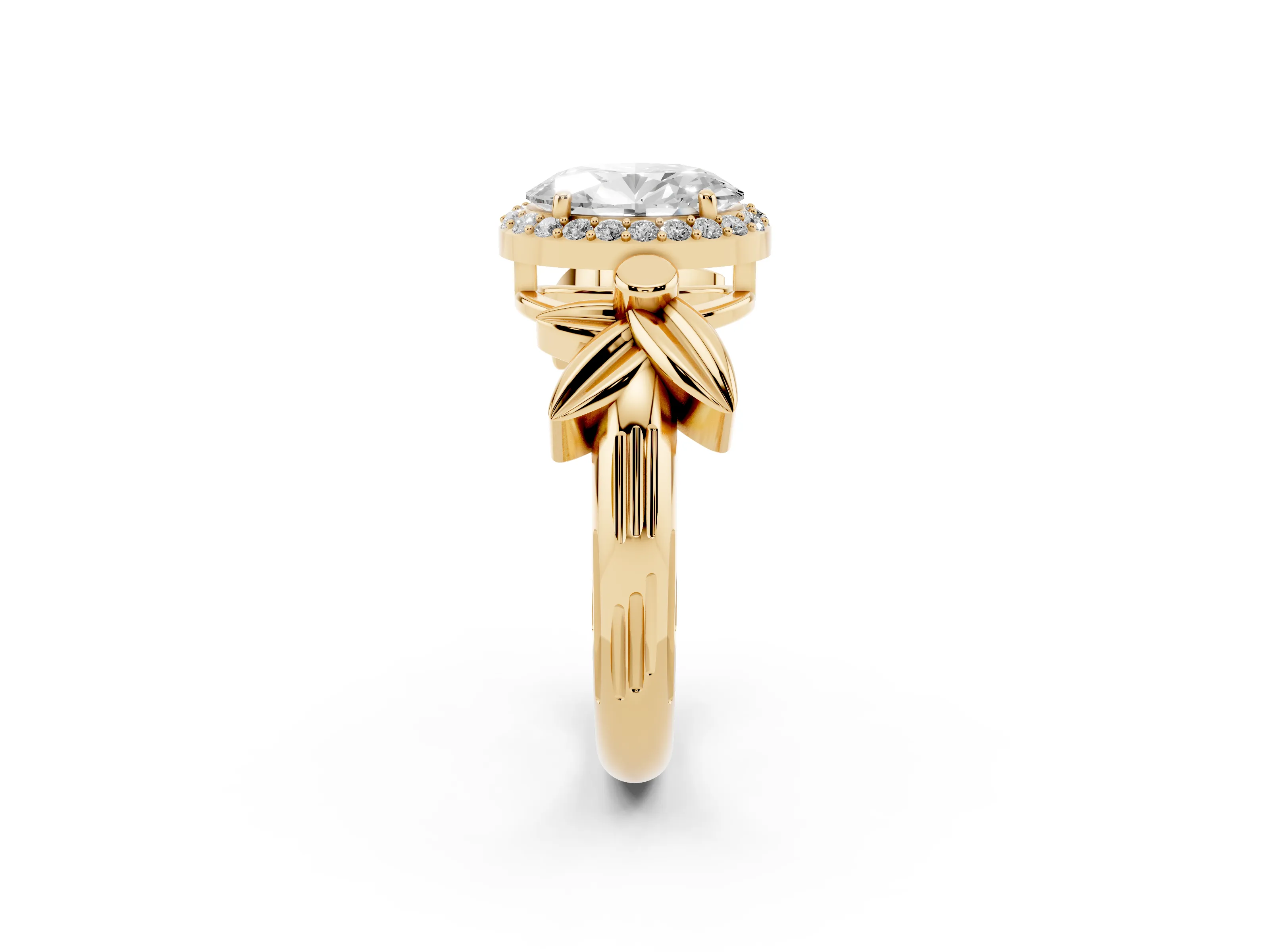 Oval Cut Diamond Halo Floral Band Ring Set in Yellow gold with Prong Setting
