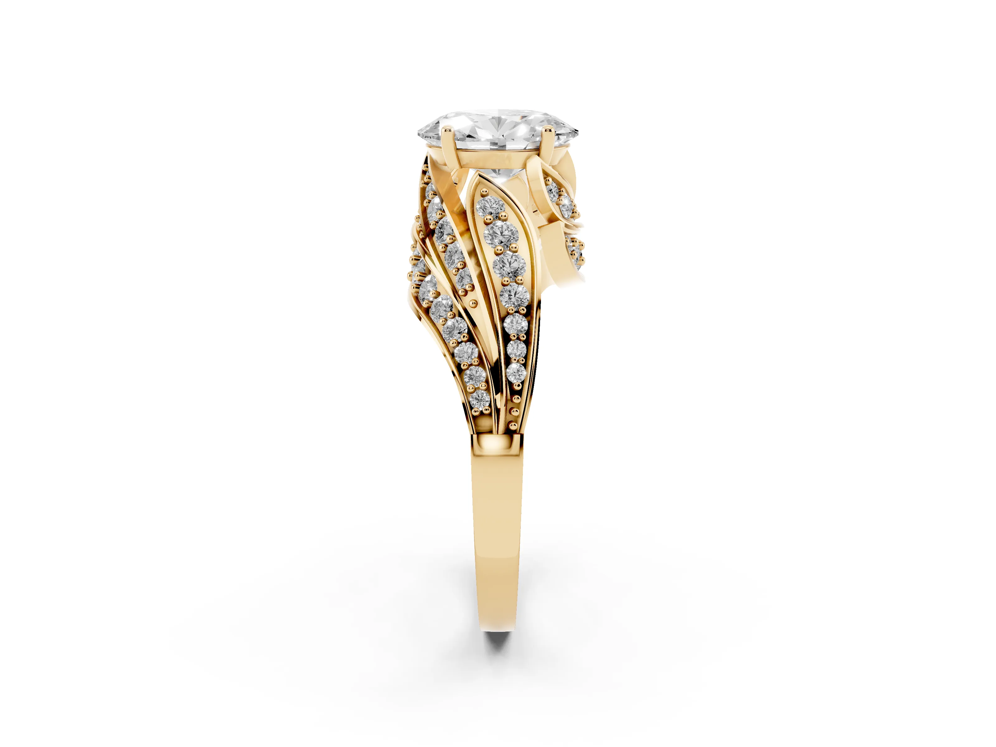 Oval Cut Diamond Solitaire Ring Set in Yellow gold with Layered Twist Pavé Band