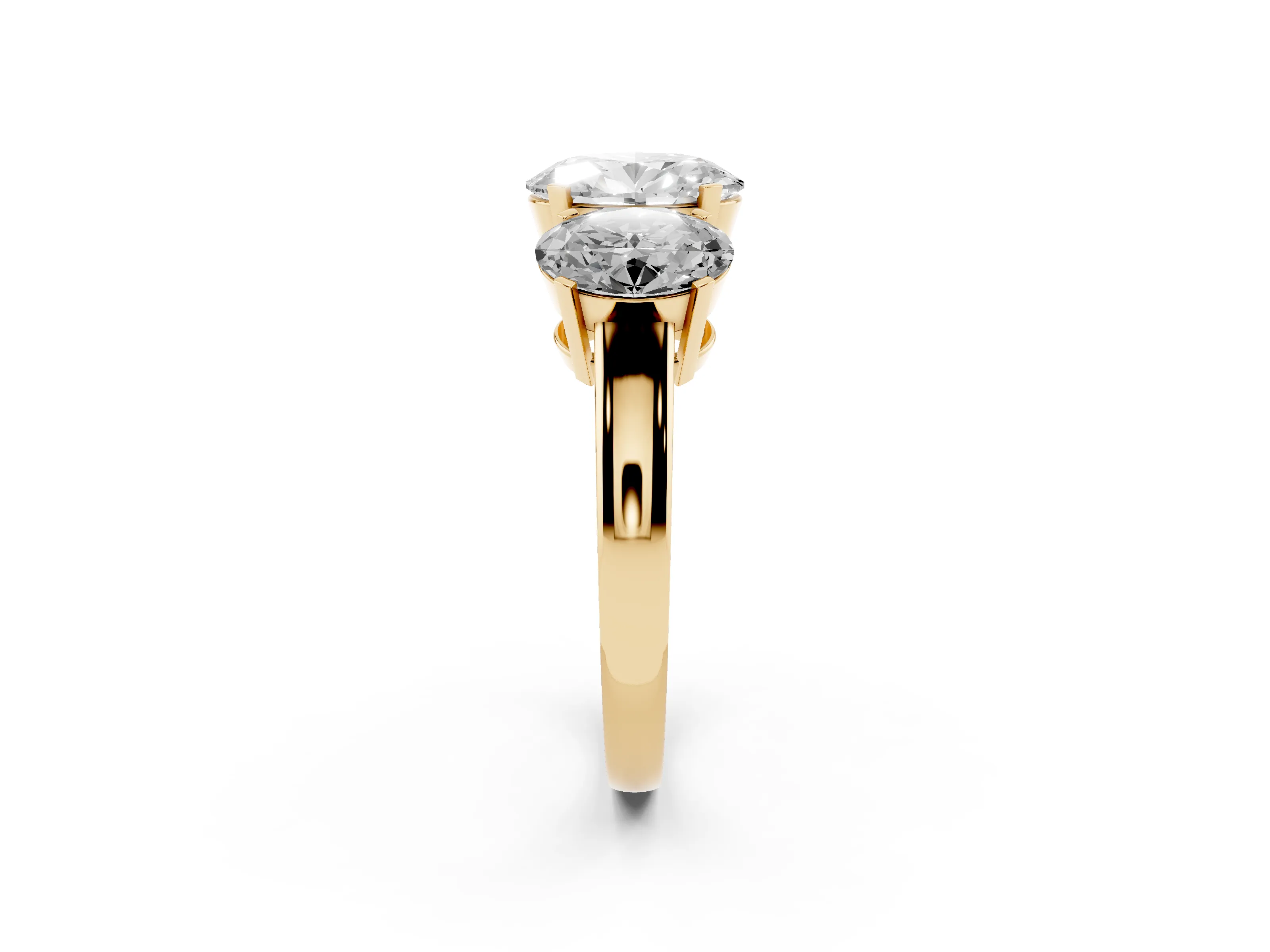 Oval Cut Diamond Three-Stone Ring Set in Yellow gold with Channel-Set Band and Prong Settings