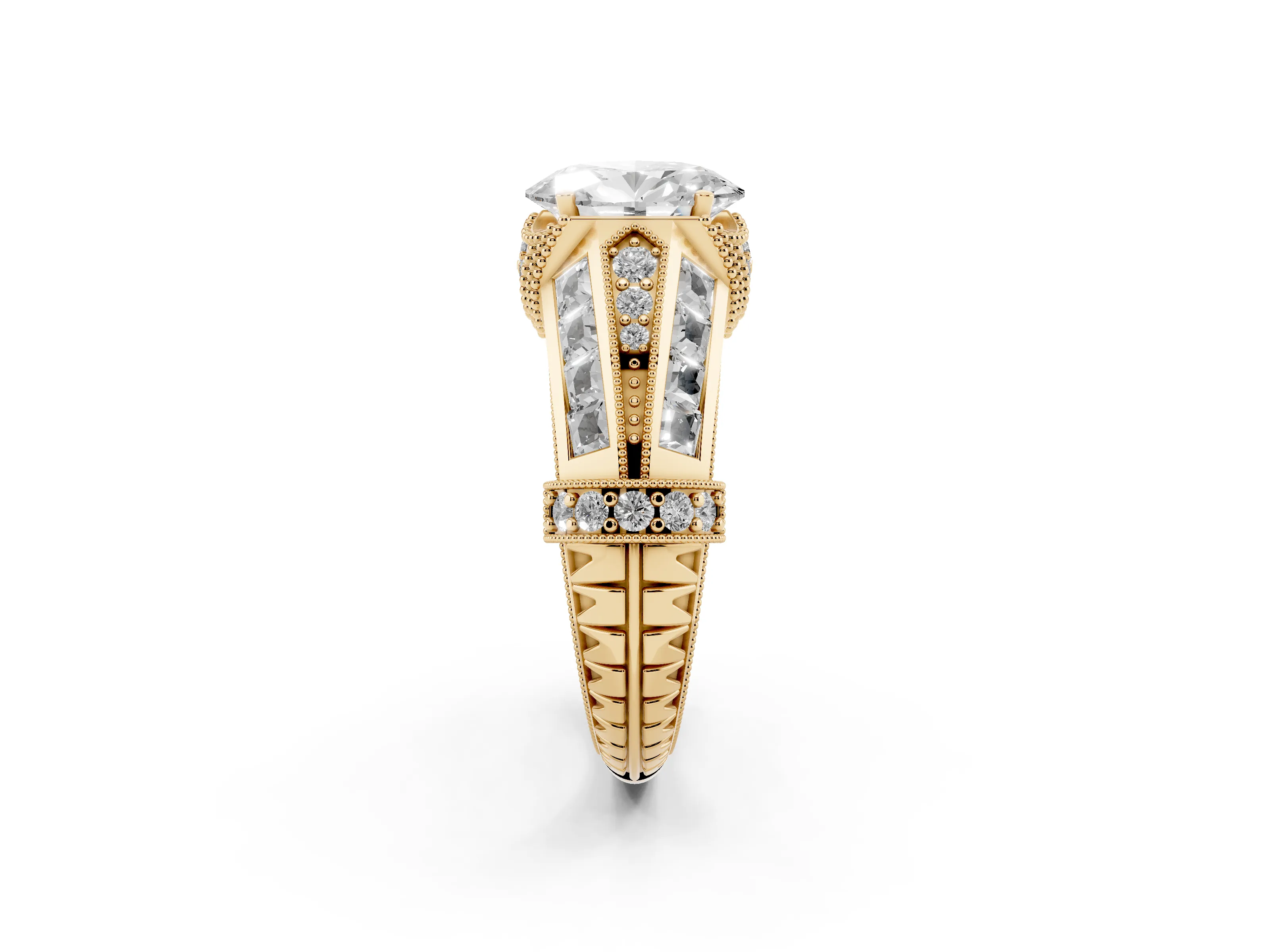 Oval Cut Diamond Vintage-Inspired Milgrain Ring Set in Yellow gold with Accent Split Shank