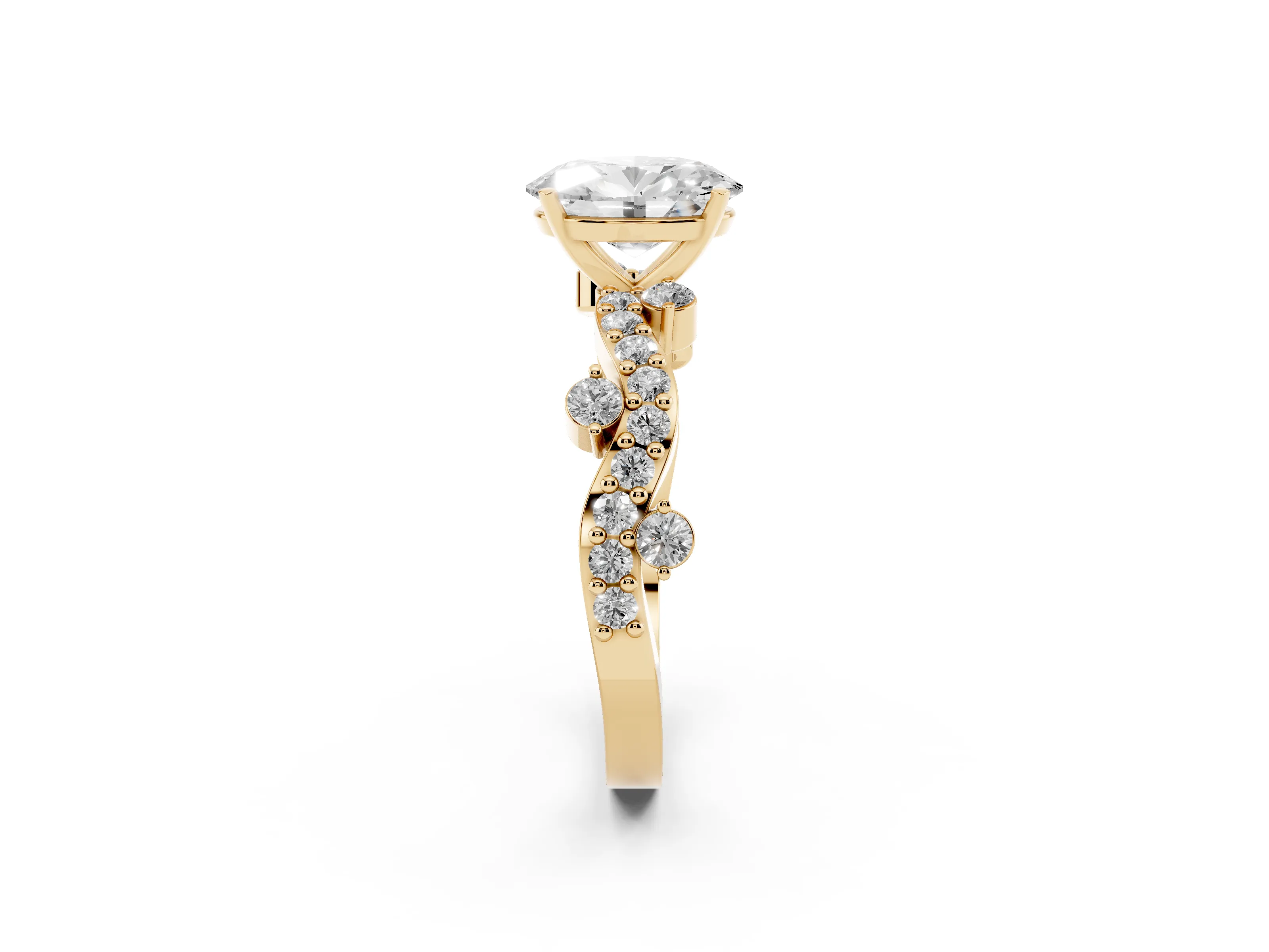 Oval Cut Diamond Solitaire Twisted Band Set in Yellow gold with Pavé Setting