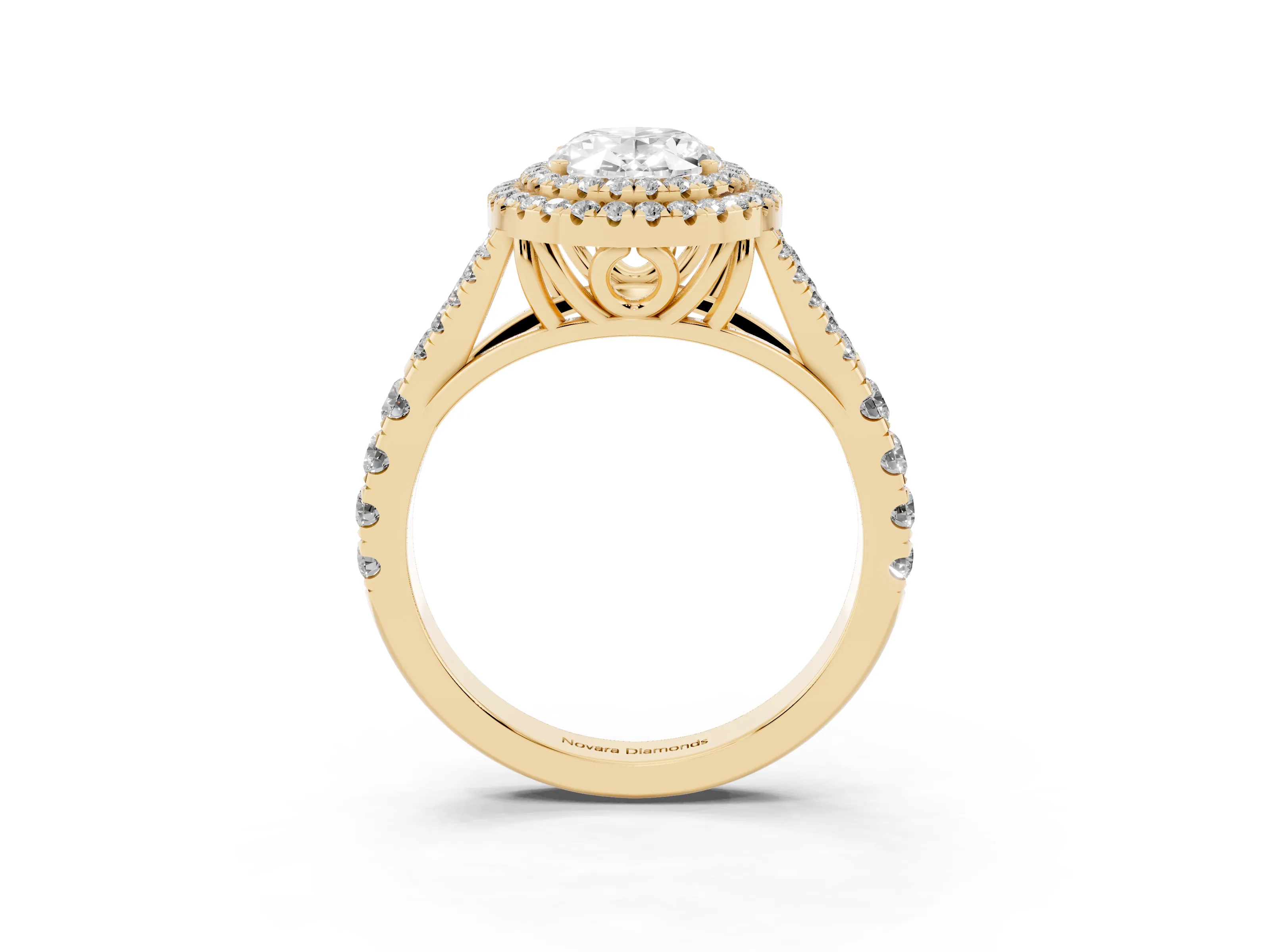 Oval Cut Diamond Pavé Split Shank Double Halo Engagement Ring Set in Yellow gold