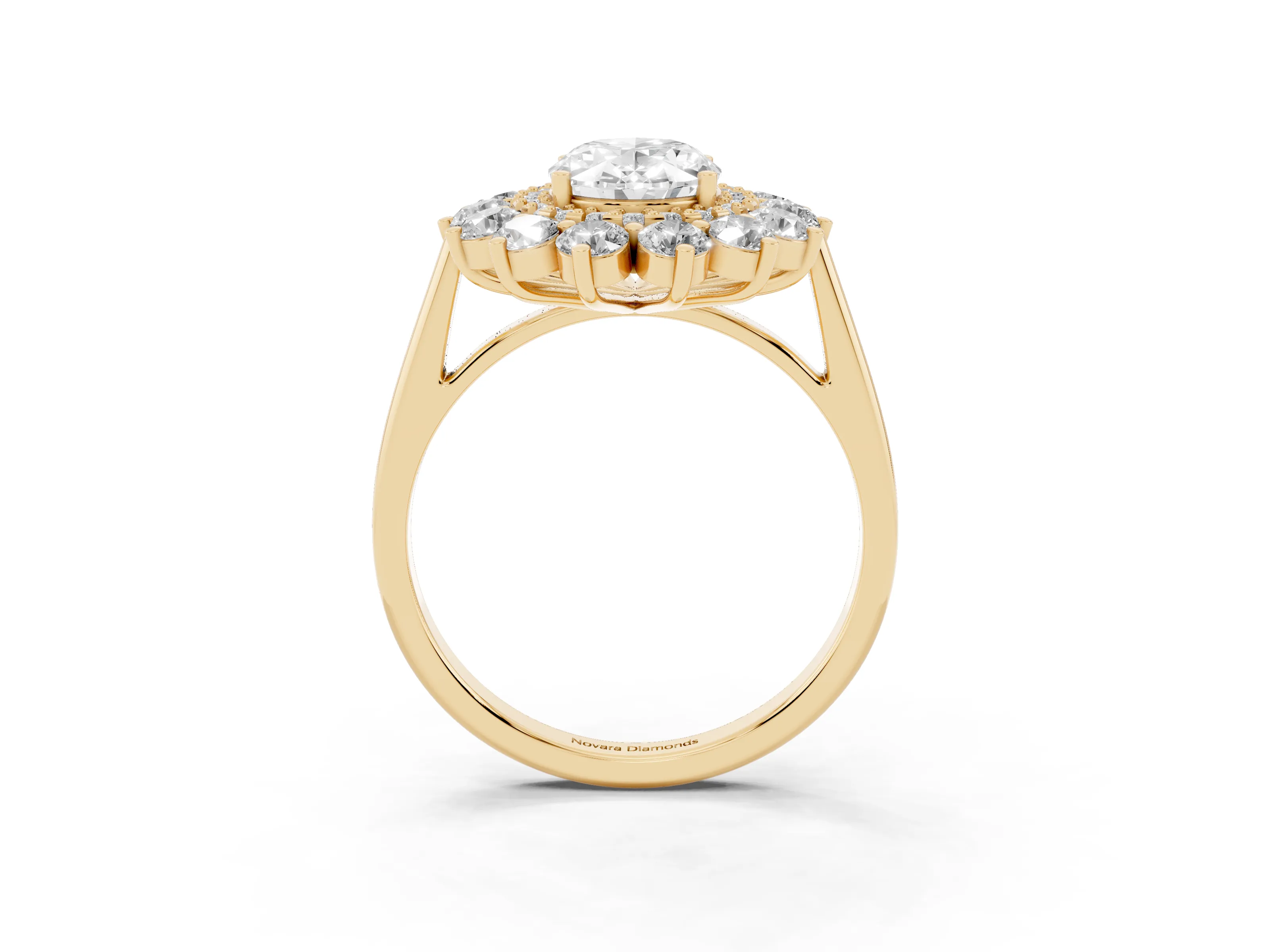 Oval Cut Diamond Floral Double Halo Ring Set in Yellow gold with Round Petals