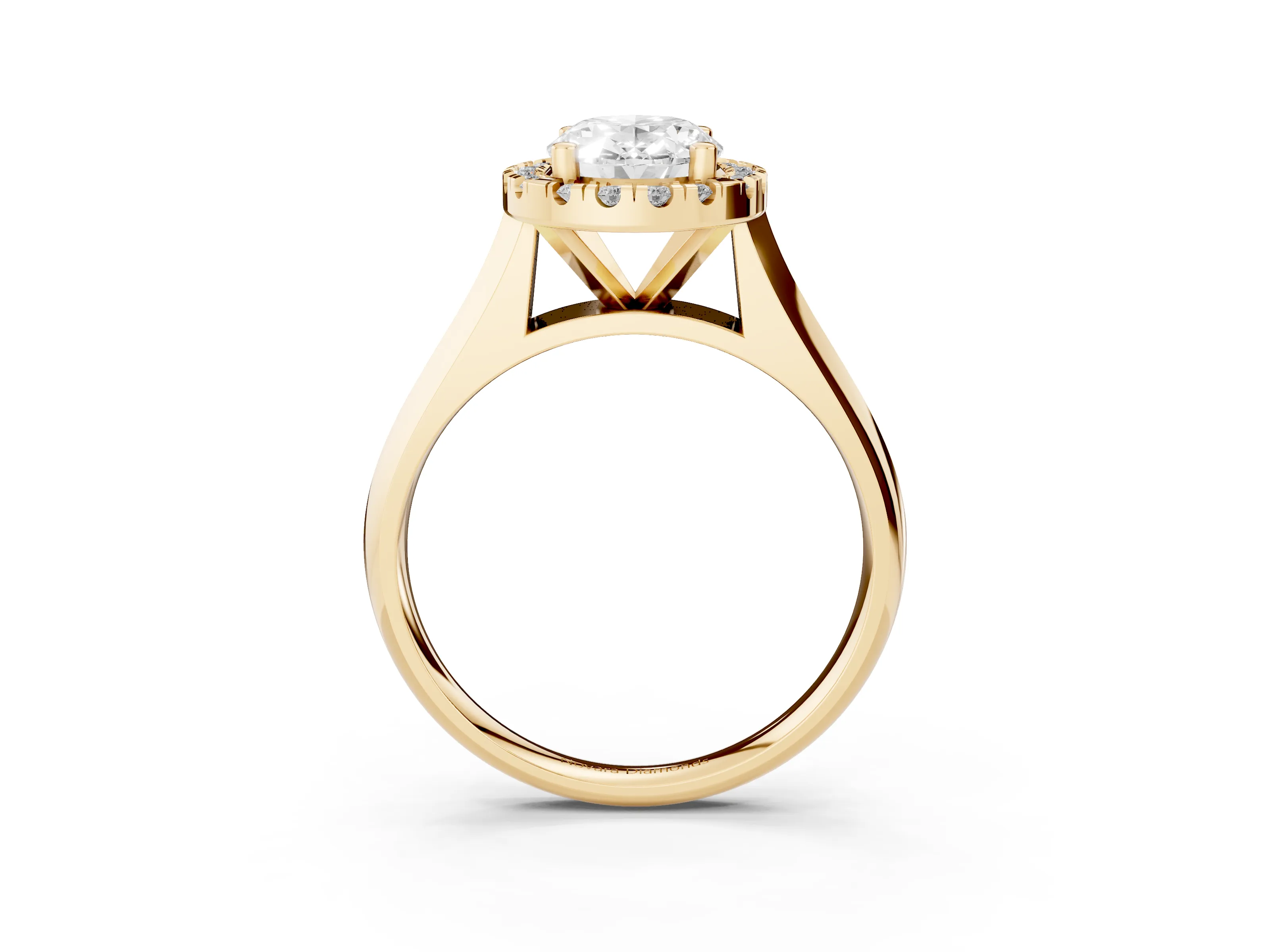 Oval Cut Diamond Halo Solitaire Engagement Ring Set in Yellow gold with Square Band and Prong Setting