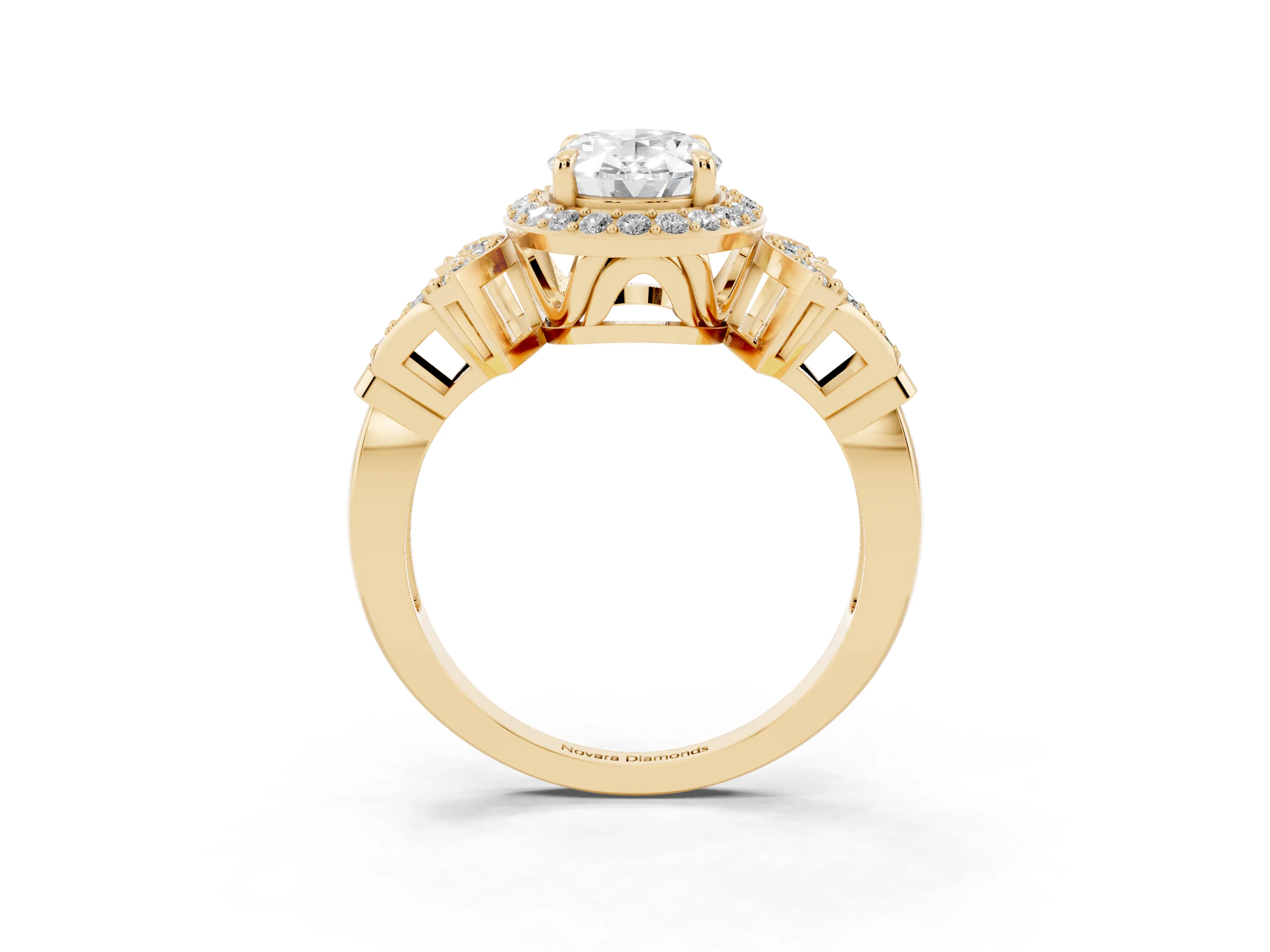 Oval Cut Diamond Halo Engagement Ring Set in Yellow gold with Accent Stone Split Shank