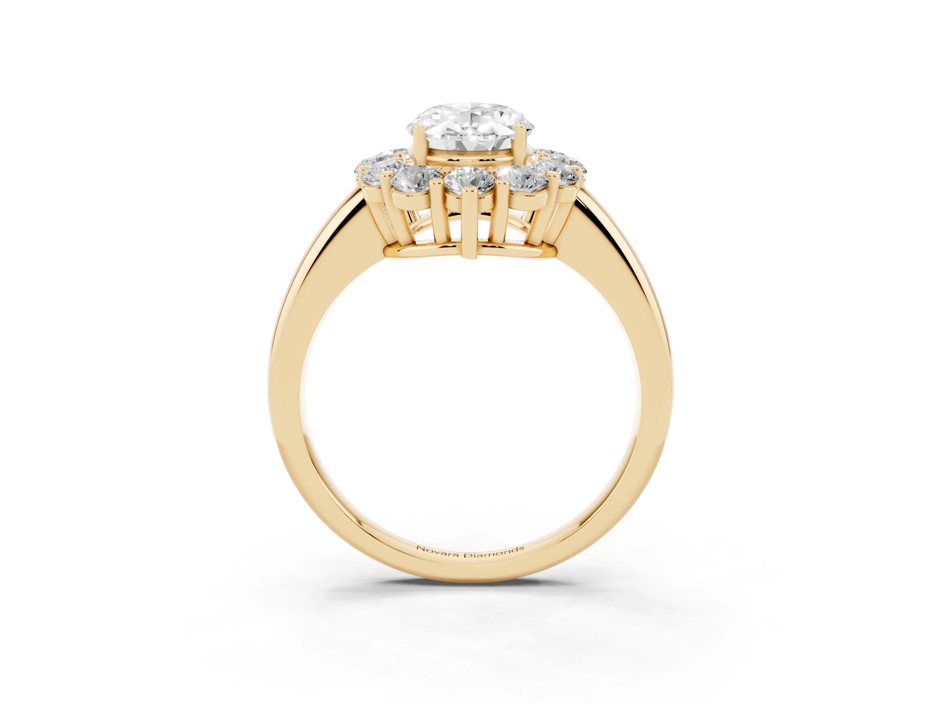 Oval Cut Diamond Halo Cluster Engagement Ring Set in Yellow gold with Polished Band and Prong Setting
