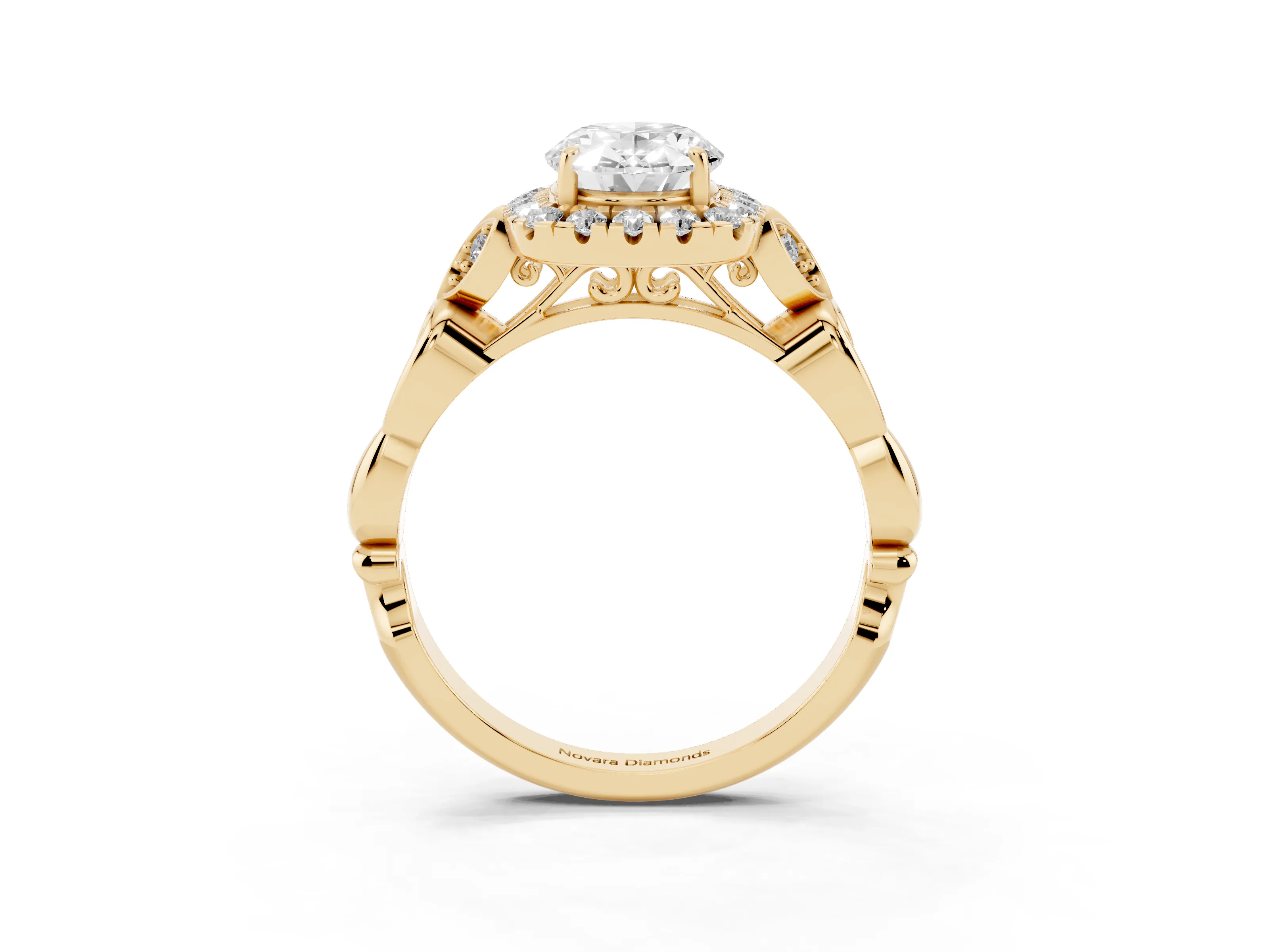Oval Cut Diamond Halo Engagement Ring Set in Yellow gold with Vintage-Inspired Band and Prong Setting