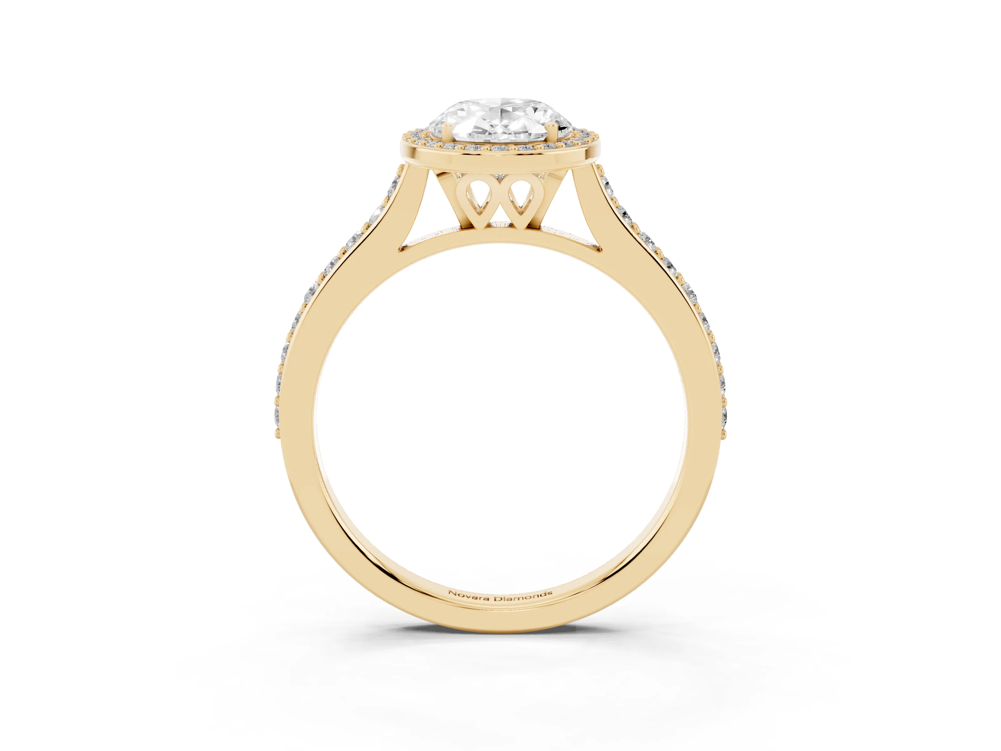 Oval Cut Diamond Halo Engagement Ring Set in Yellow gold with Round Pavé Shoulders and Heart Gallery